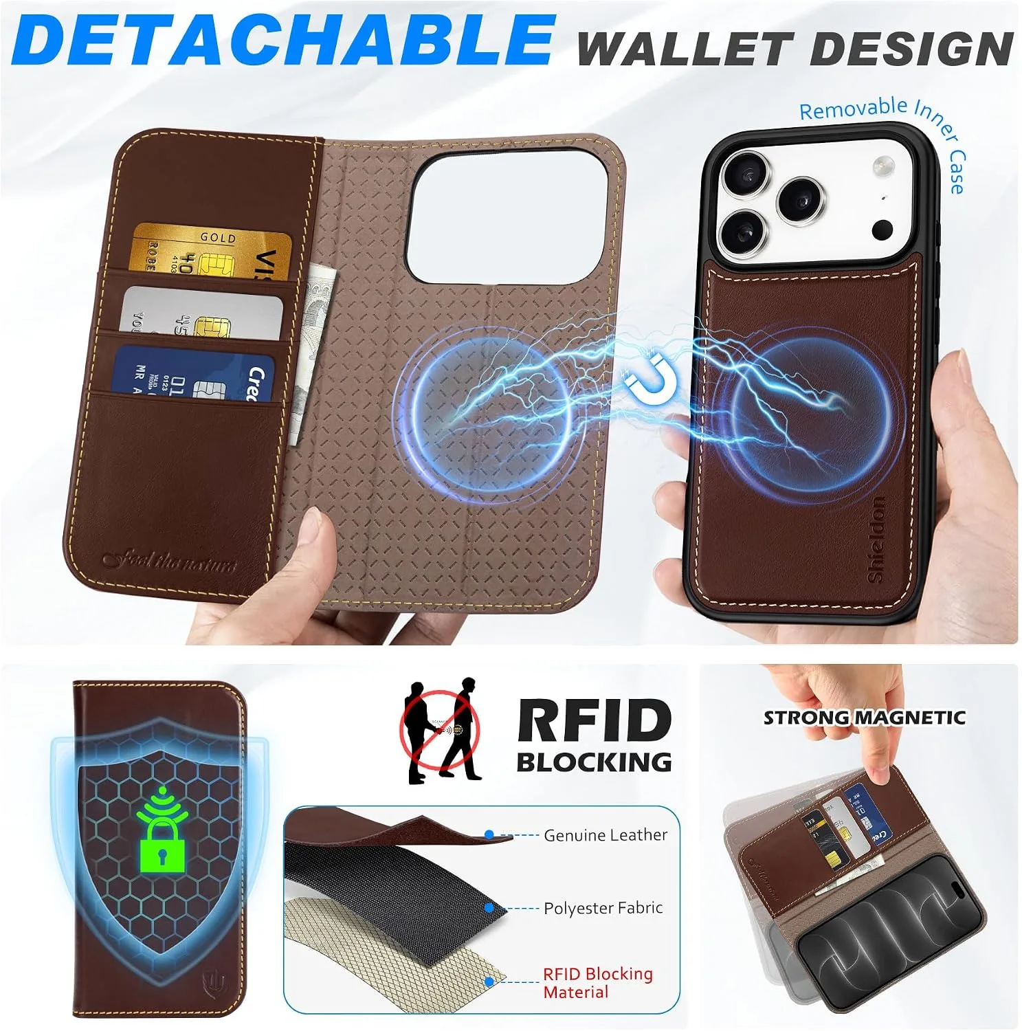 SHIELDON 2 in 1 Leather Case Wallet for iPhone 18 Pro/17 Pro, Retro Red