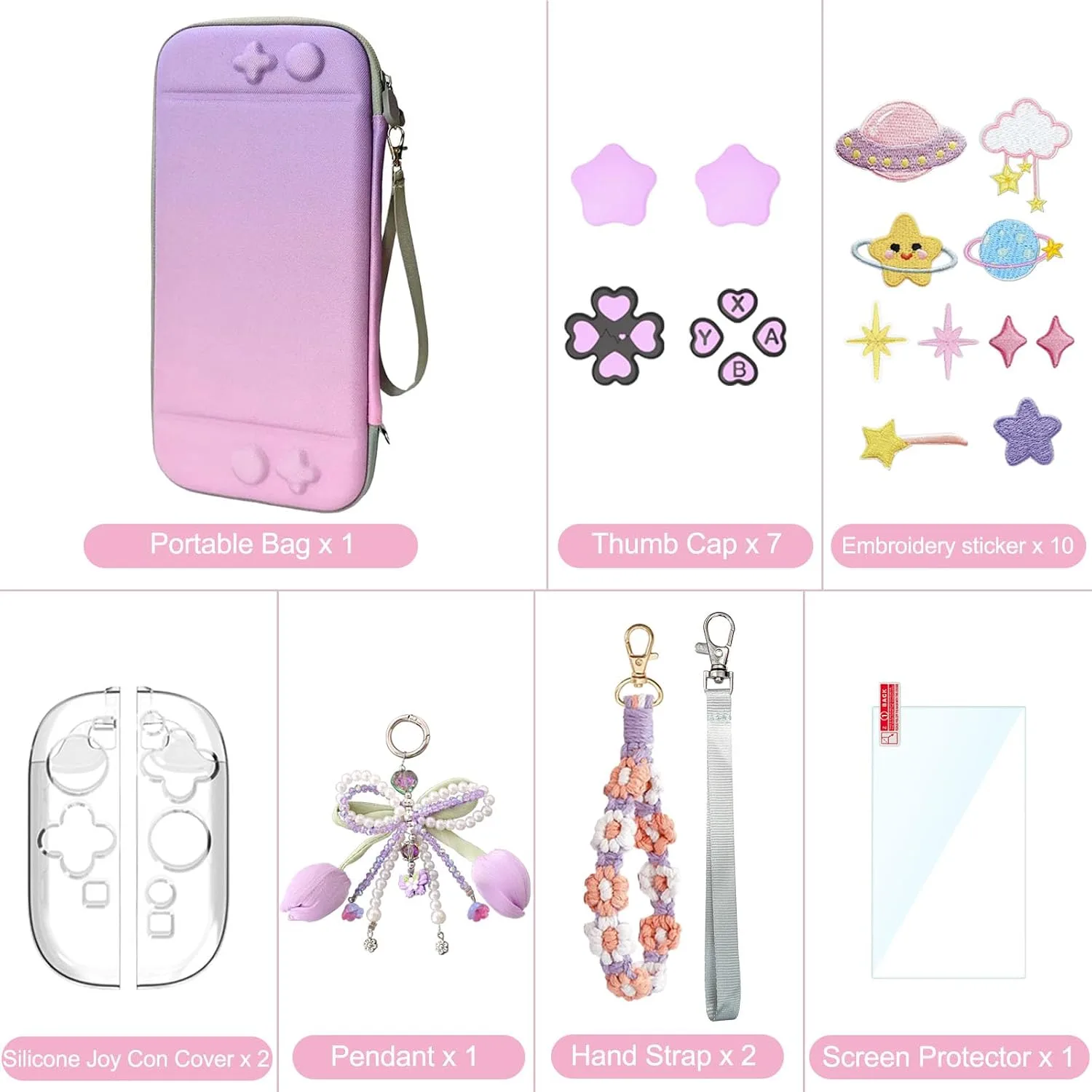 Cute Travel Carrying Case for Switch 2 2025 with Silicone j-con Covers, Thumb Grip Caps, Screen Protector, Flower Strap, Charms and Embroidery stickers for Girls Women, Purple-Pink