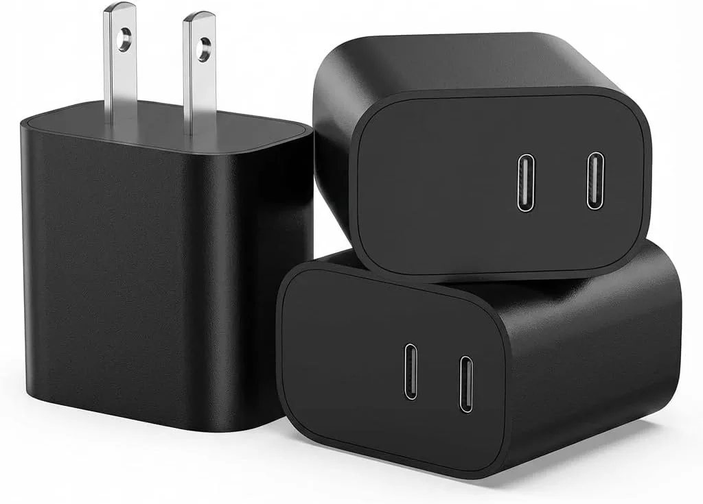 USB C Charger Block 3 Pack, Dual Port 20W Fast Wall Plug (Black)
