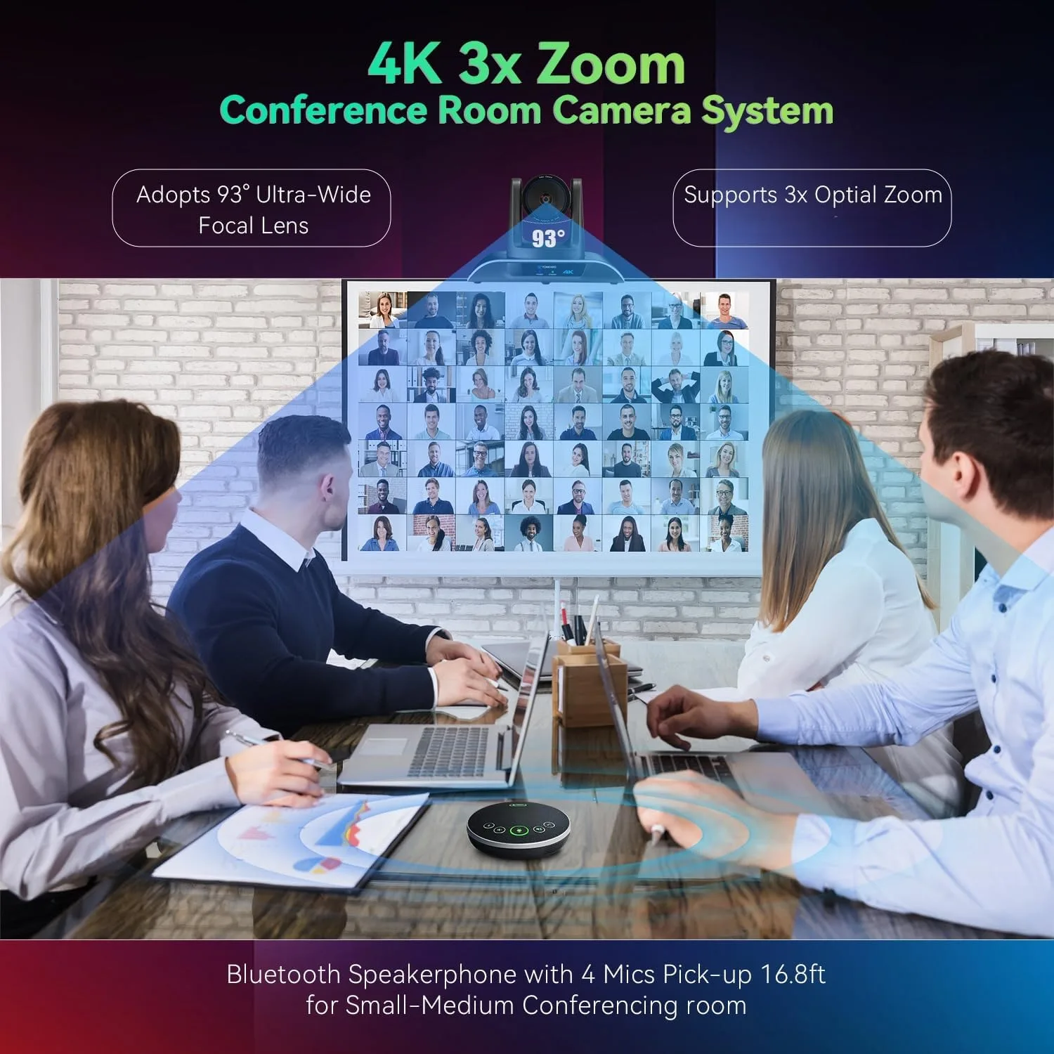 4K Conference Room Camera System AI Auto-Tracking 4K PTZ Camera 3X Optical Zoom 93° Wide Angle USB3.0 HDMI Output and Wireless Bluetooth Speakerphone with Mics for Conferencing Worship Church Medical