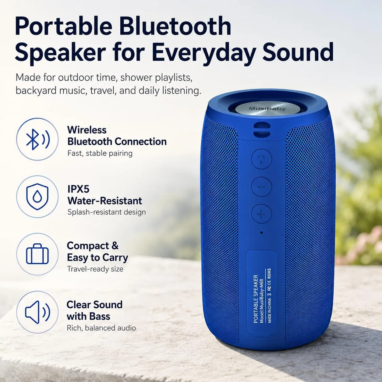 Musibaby M68 Portable Wireless Speaker, 24H Playtime, Blue