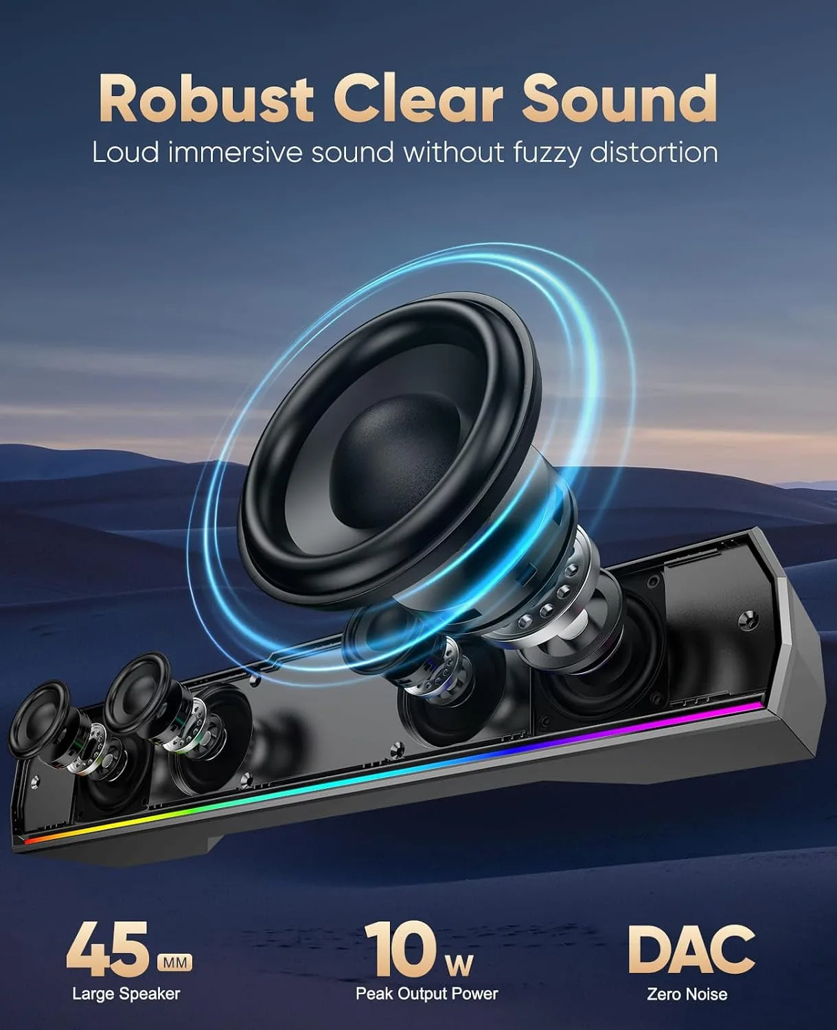 Kunodi USB Computer Speakers for Desktop PC, Stereo External Speakers with Dynamic Lights, Plug and Play, Easy Buttons, USB/USB C Powered Sound Bar for Desktop & Laptop, Desk