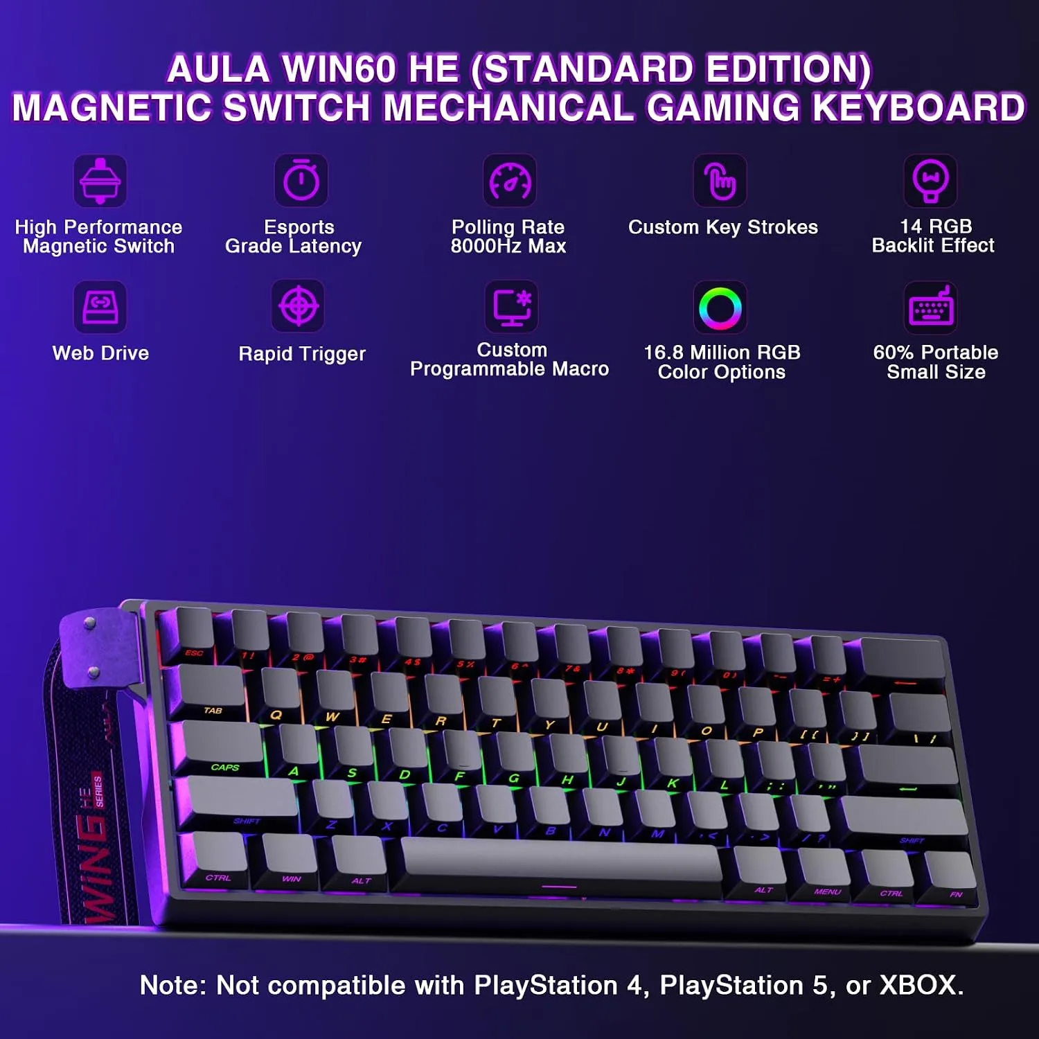 Aula WIN60 HE - 60% Mechanical Gaming Keyboard Wired, Magnetic Switch Hot Swappable, Adjustable Actuation Rapid Trigger Mode, 8000 Hz Polling Rate, RGB Small Keyboard 60 Percent Compact Design for PC