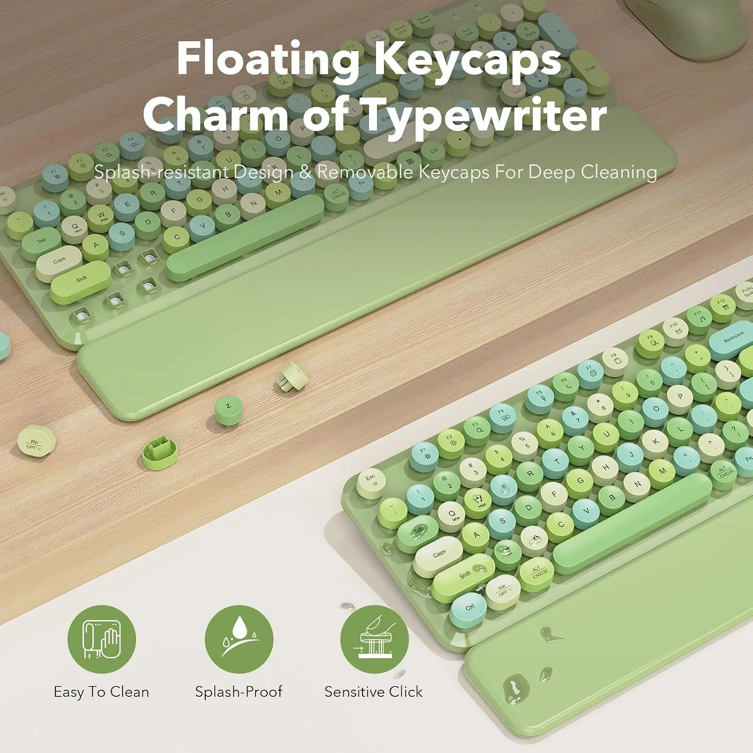 Wireless Keyboard and Mouse Combo, Round Keycap, Magnetic Wrist Rest, Green