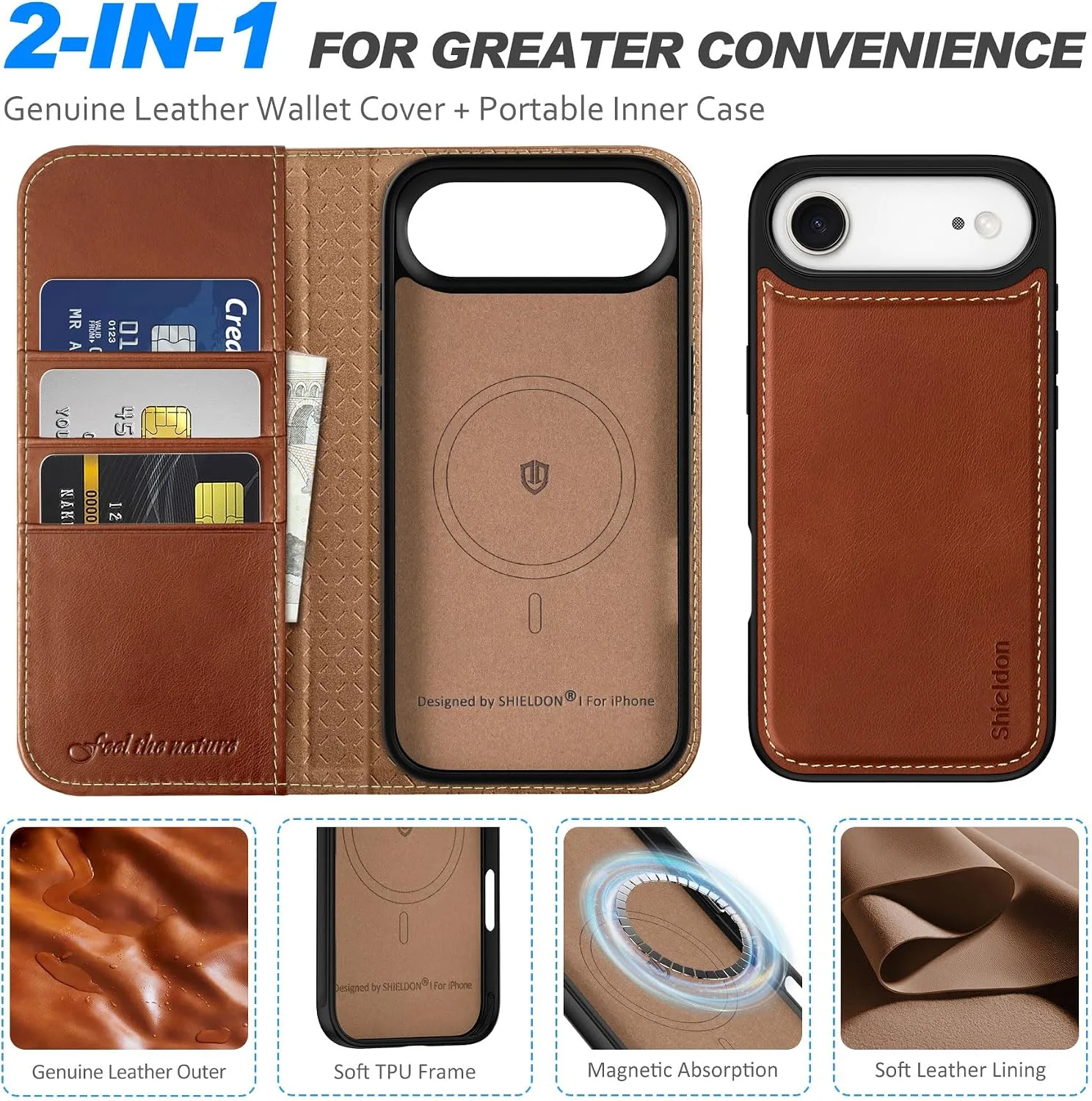 SHIELDON 2 in 1 Genuine Leather Wallet Case for iPhone Air, Retro Brown