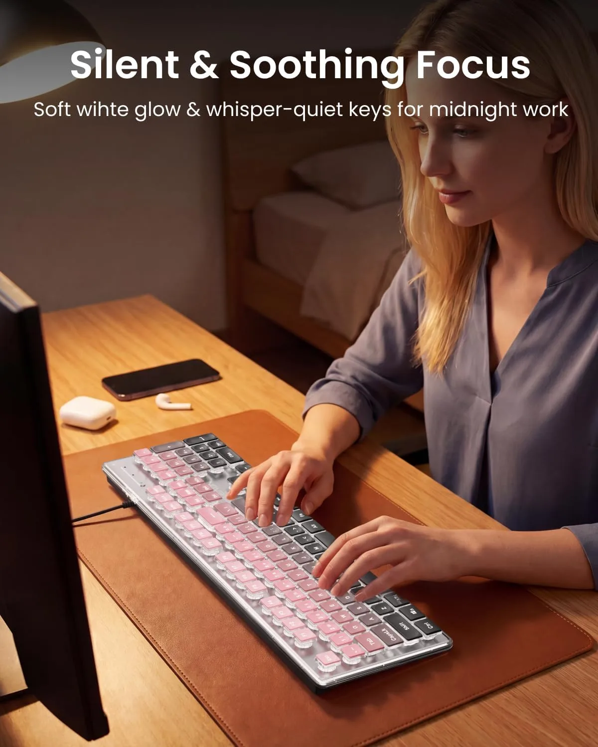Wired Keyboard with White Backlit, Never Fade, Soft Click, Black Ombré