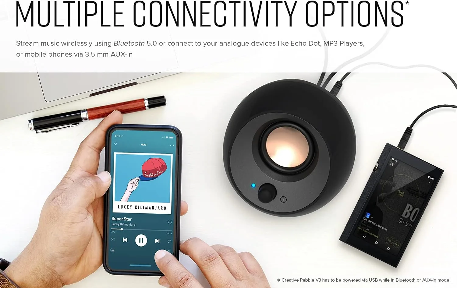 Creative Pebble V3, 2.0 USB-C Desktop Speakers, Bluetooth 5.0, White, USB-A