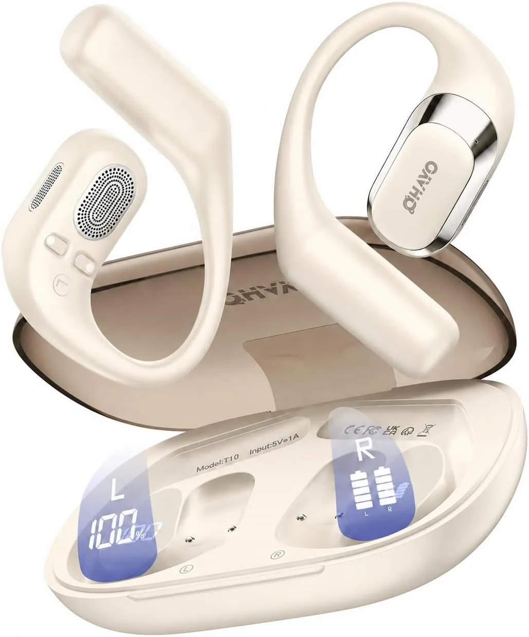 OHAYO Open Ear Headphones,Earbuds with Ergonomic Earhook,Bluetooth Headphones 5.4 with Smart Digital Display,40H Playtime,IPX6 Waterproof,Touch Control Earphones Fit Cycling,Running,Workout(Beige)
