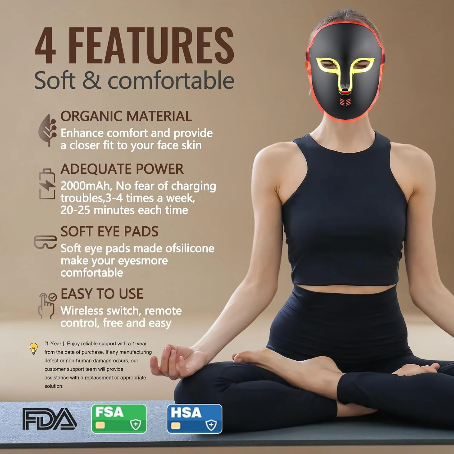 FSA Red Light Therapy Mask for Face,4 Modes HSA LED Face Mask Light Therapy,Acne Removal Wrinkles&Redness Anti-Aging,2000mAh Rechargeable,Wirless Remote,Infrared Photon Facial Mask for Travel Yoga