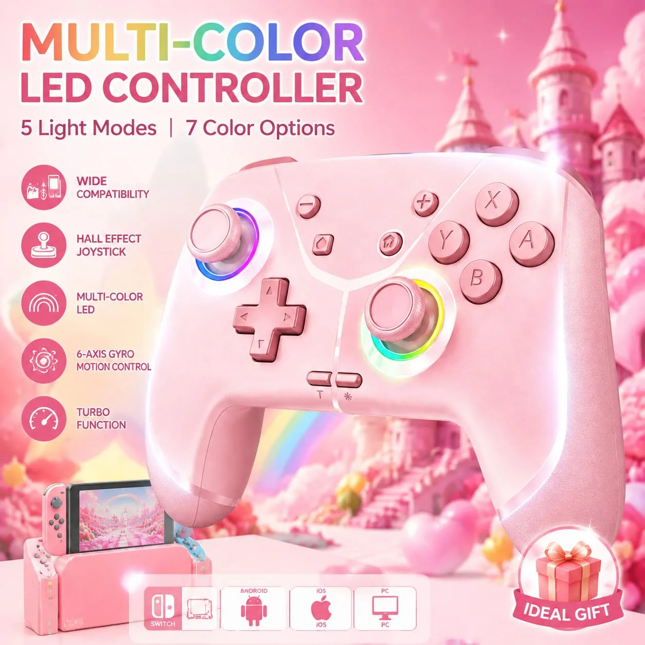 Switch Controller, Wireless Pro Controller for Nintendo Switch 2/Switch/Lite/OLED, Bluetooth controllers Compatible with iPhone/Mac/iPad/iOS/Android/Phone/PC/Steam and TV with Programming/RGB4/Vibration / 3 Turbo Modes/6-Axis/Motion (Pink)