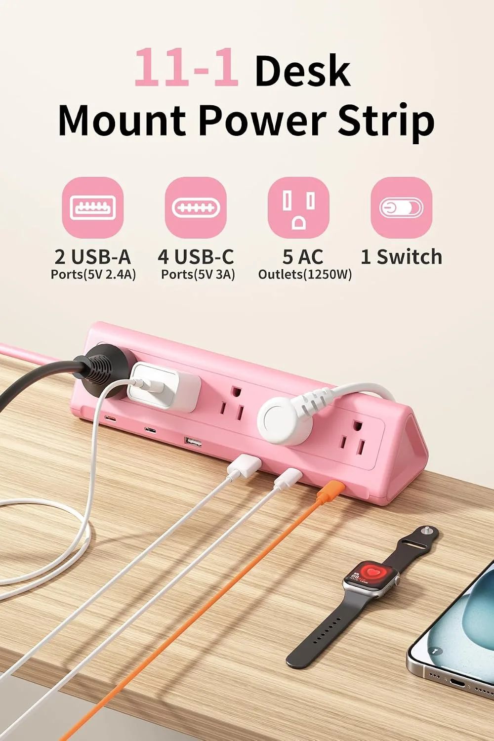 AnnTane Desk Clamp Power Strip USBC, 40W Fast Charging, 6.5 Ft, Pink