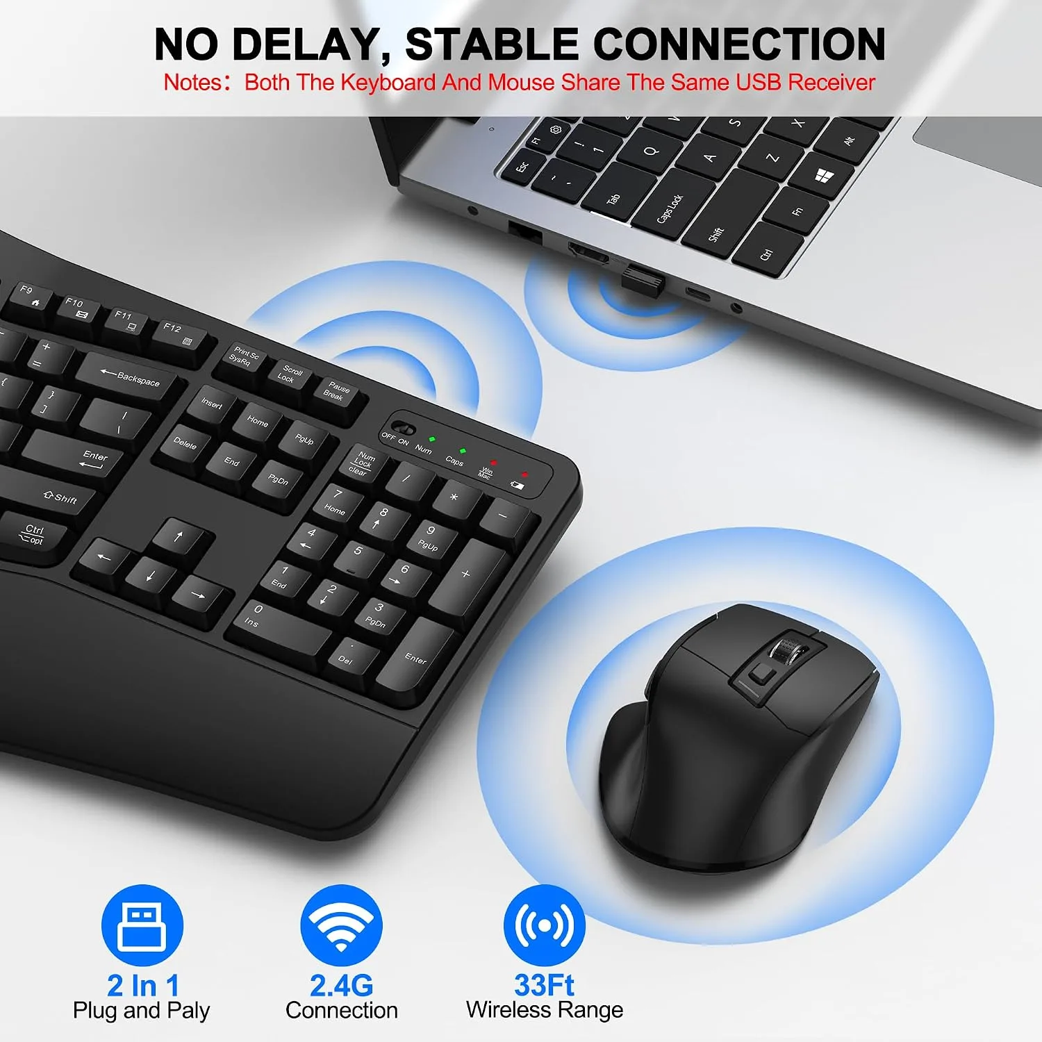 Wireless Keyboard and Mouse Combo, 2.4G Ergonomic Wave Keys(Black)