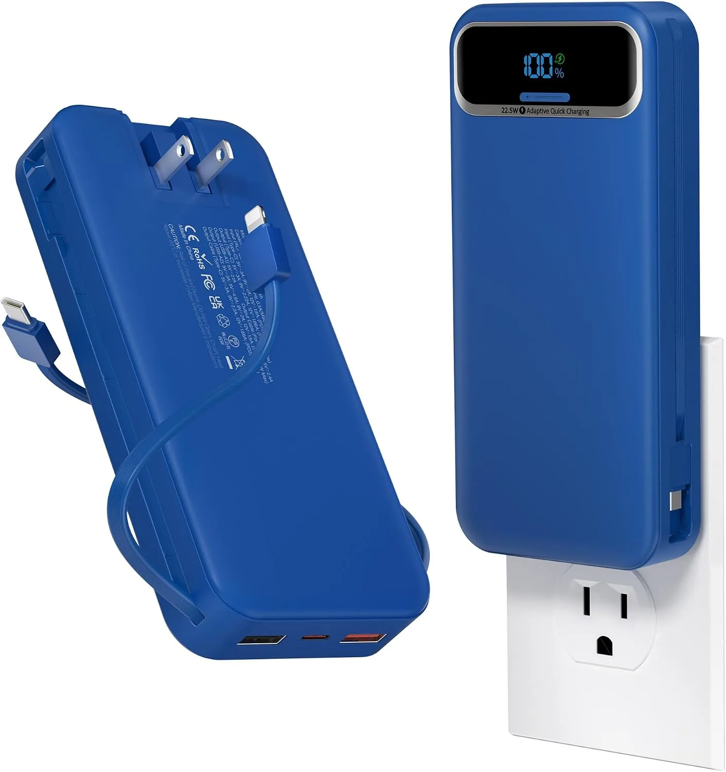 aonidi Portable Charger 20000mAh with Built-in Cables&AC Wall Plug, Navy