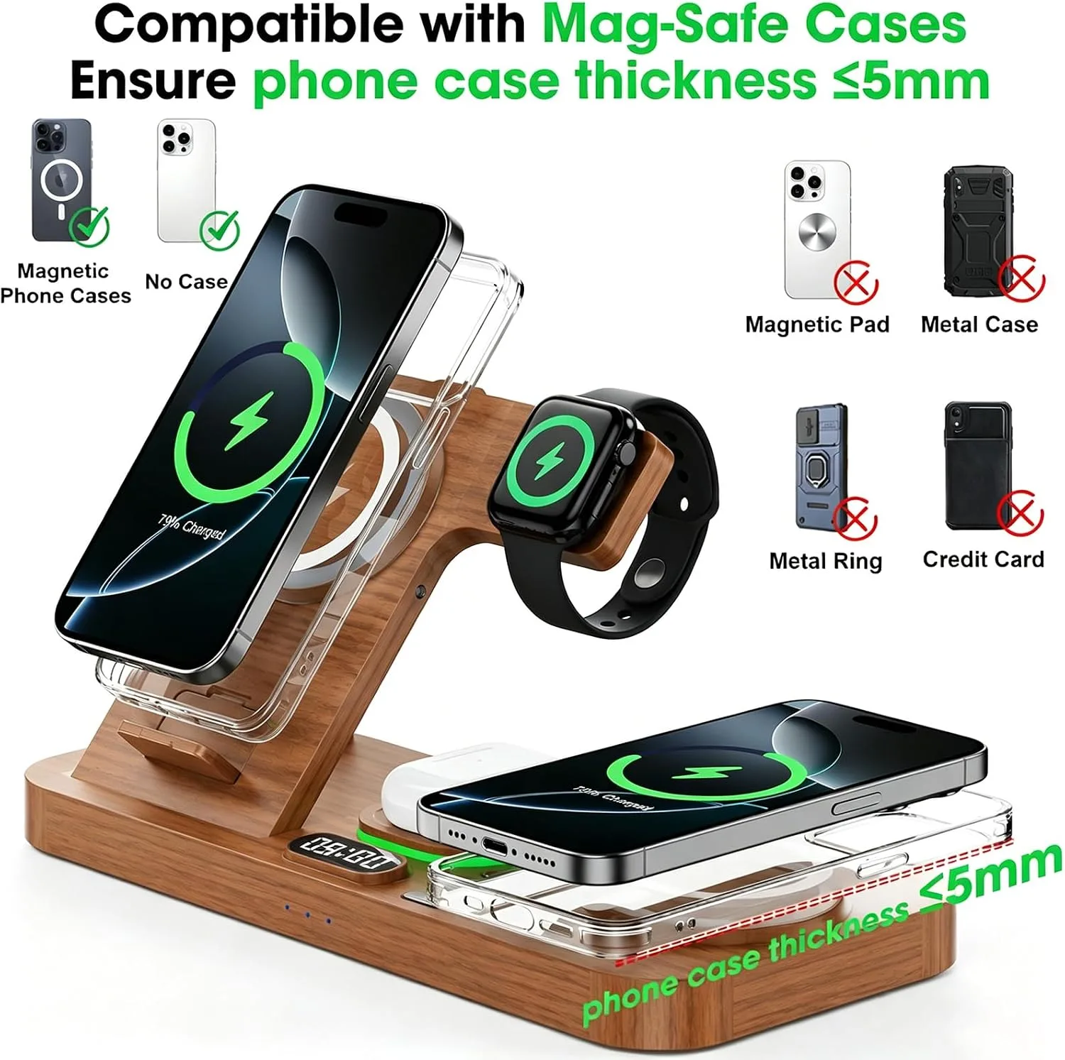 Dual Phone Foldable Wireless Charging Station for Apple, Couple&Family Use