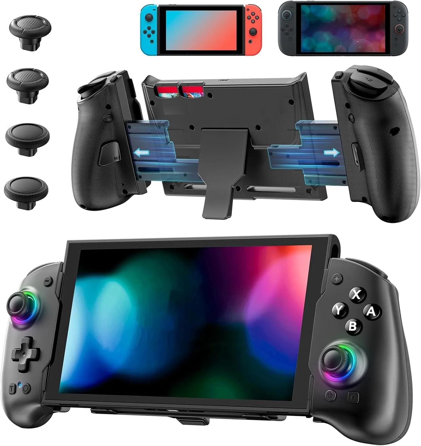OIVO Switch 1/2 Controller for Original/OLED/Switch 2 Games Console, Stretchable Switch Handheld Joypad Ergonomic Grip for NS Pro Controller with RGB Lighting, TMR Joystick, Turbo, 4 Macro- Black