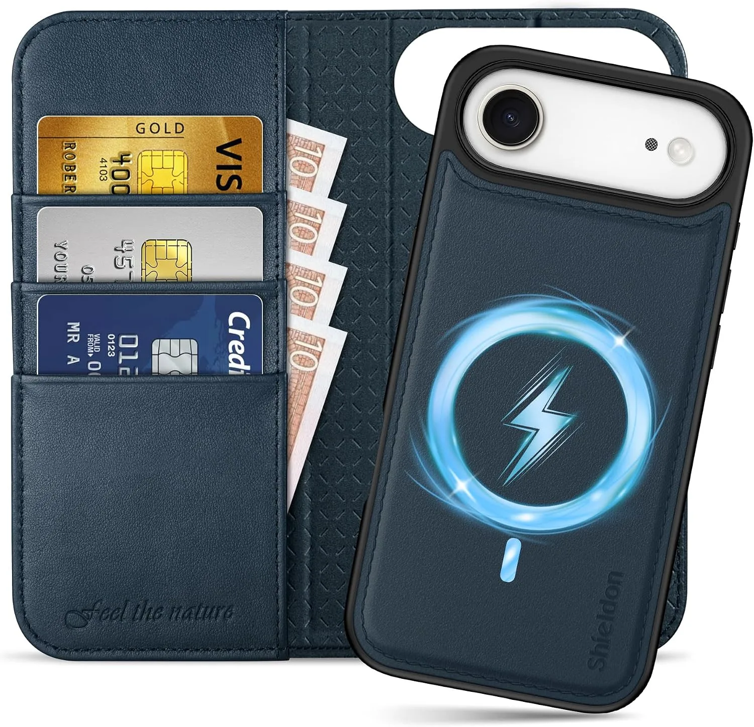 SHIELDON Detachable Leather Wallet Case for iPhone Air 6.5" 2025, Navy Blue