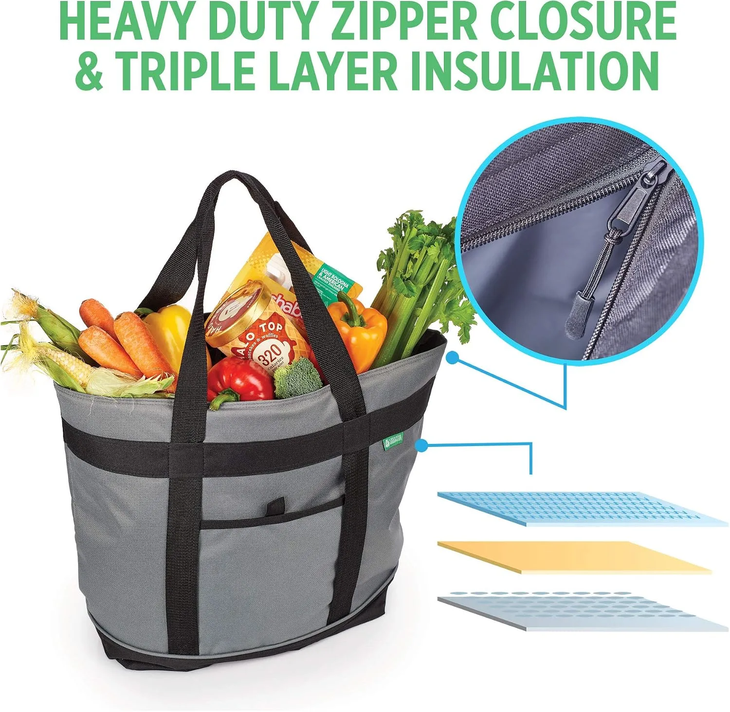 Jumbo Insulated Cooler Bag (Gray) with HD Thermal Insulation - Premium, Collapsible Soft Cooler Makes a Perfect Insulated Grocery Bag, Food Delivery Bag, Travel Insulated Bag, or Beach Cooler Bags