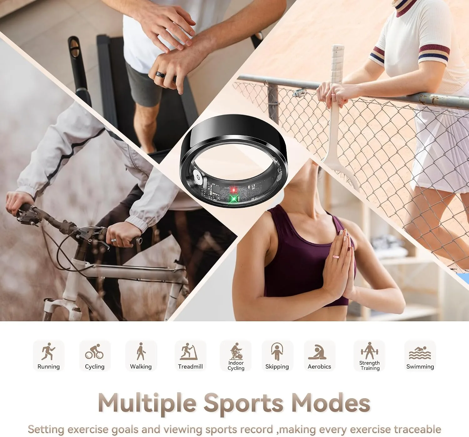 Smart Ring for Men, Fitness & Activity Tracker with Blood Pressure/Heart Rate Monitor, Sleep Tracker, Step Counter, IP68 Waterproof Ring for iOS & Android, Fast Charge, No Subscription (Black,Size9)