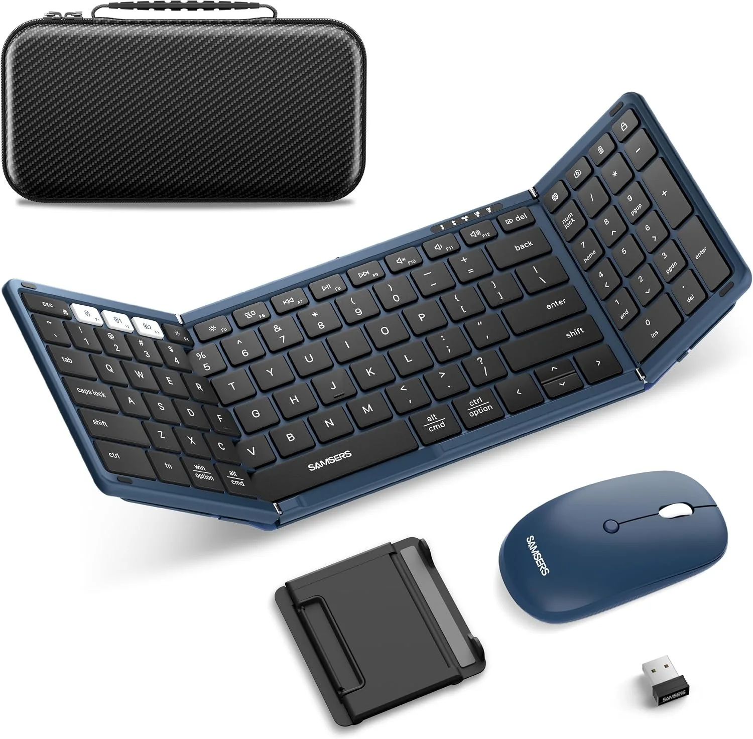 Foldable Keyboard and Mouse, Samsers Folding Bluetooth Keyboard Combo, 2.4G + BT5.0 x 2, Full-Size Portable Travel Keyboard & Rechargeable Wireless Mouse for Windows Android iOS Mac OS, Ocean Blue