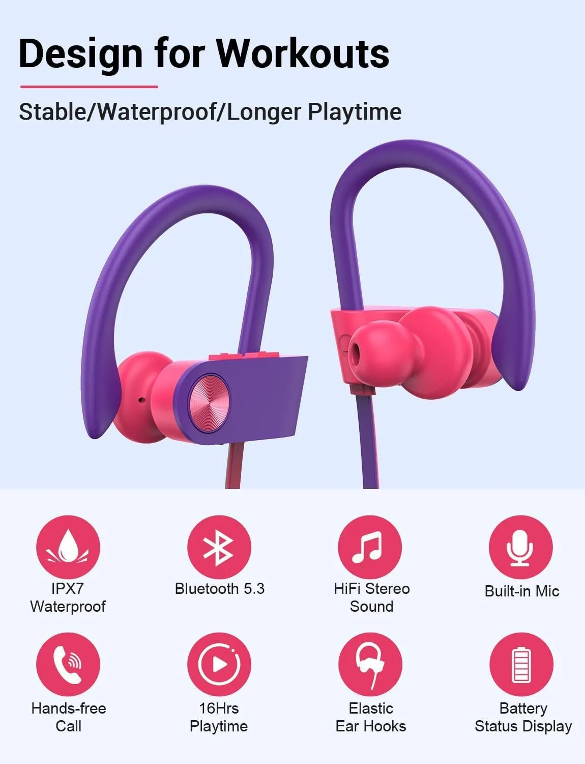 Bluetooth 5.3 Headphones, Wireless Sports In-Ear Earbuds IPX7 Waterproof