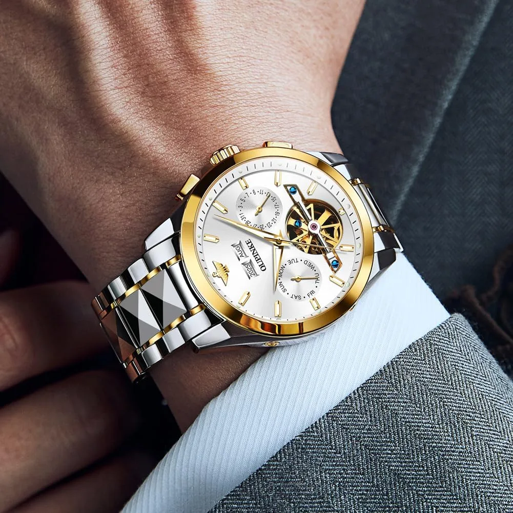 OLEVS Skeleton Men Watches Automatic Business Luxury Diamond Self Winding Watch for Men Stainless Steel Calendar Wrist Watch