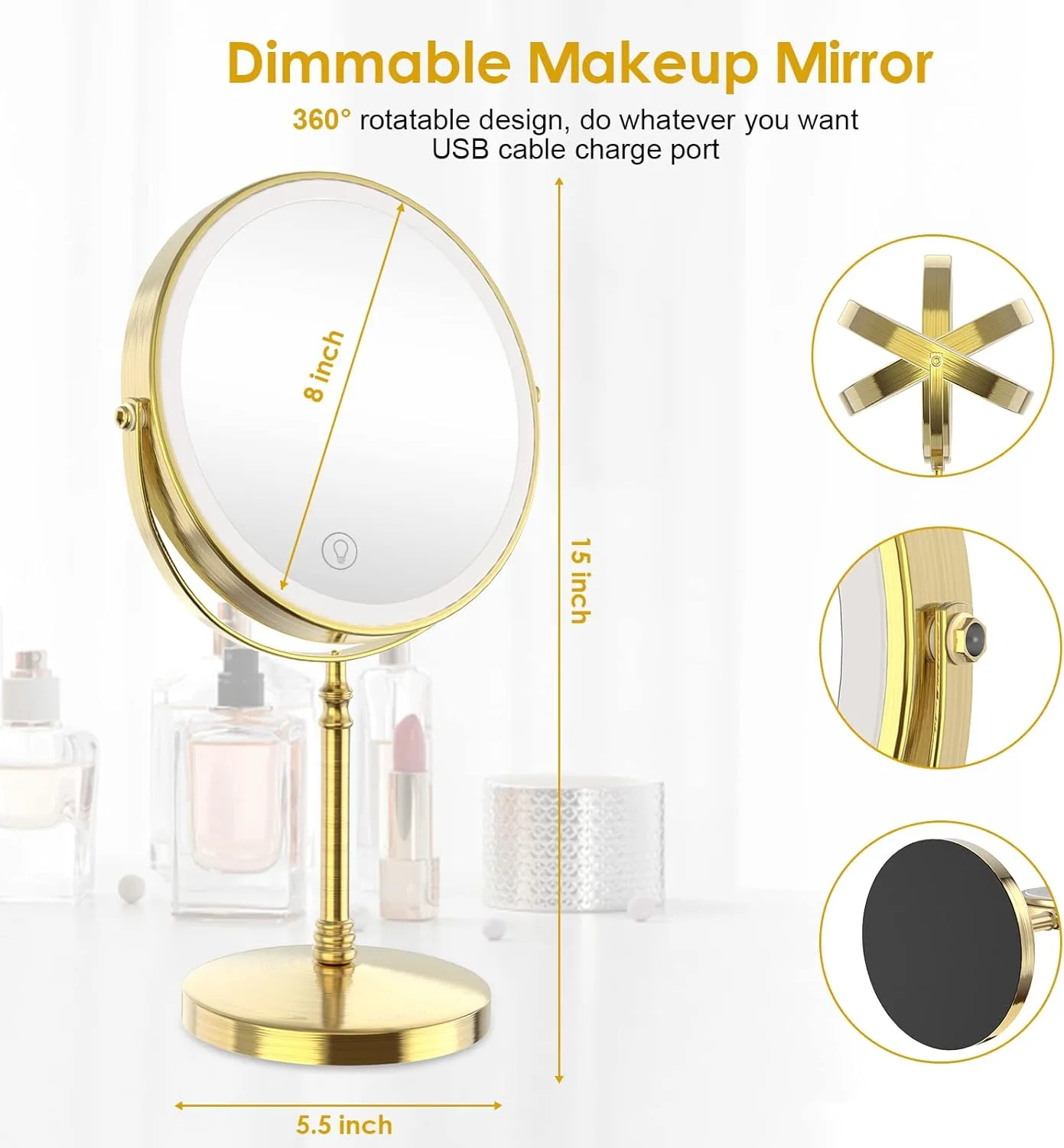 DEIOVWXS Makeup Mirror, Rechargeable Vanity Mirror with 3 Lights, 1X/10X