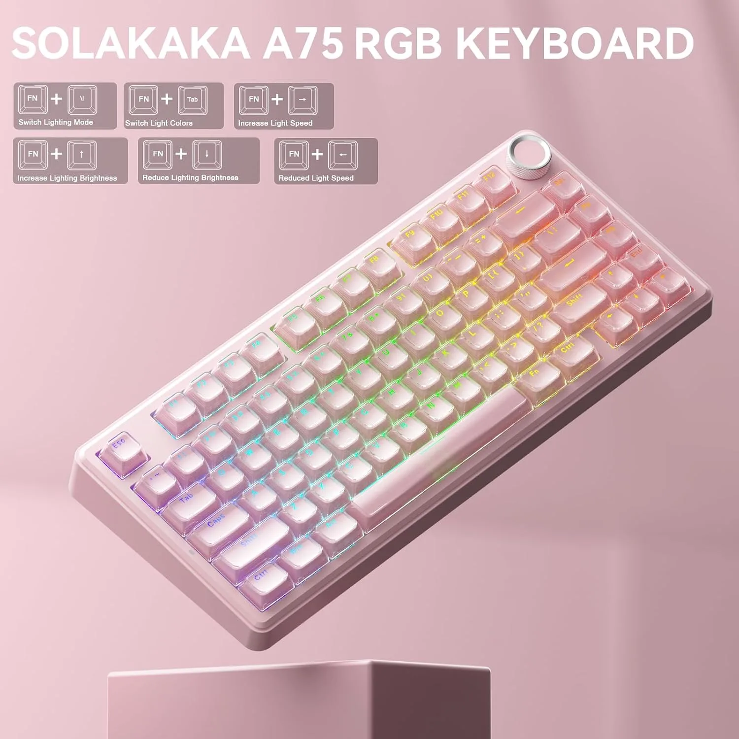 SOLAKAKA A75 Wireless Gaming Keyboard with Multifunction Knob, BT5.0/2.4GHz/USB-C, 75% Mechanical Keyboard, Hot-Swappable, Gasket Creamy Keyboard with RGB Backlit, Crystal Keycaps, for PC/Mac