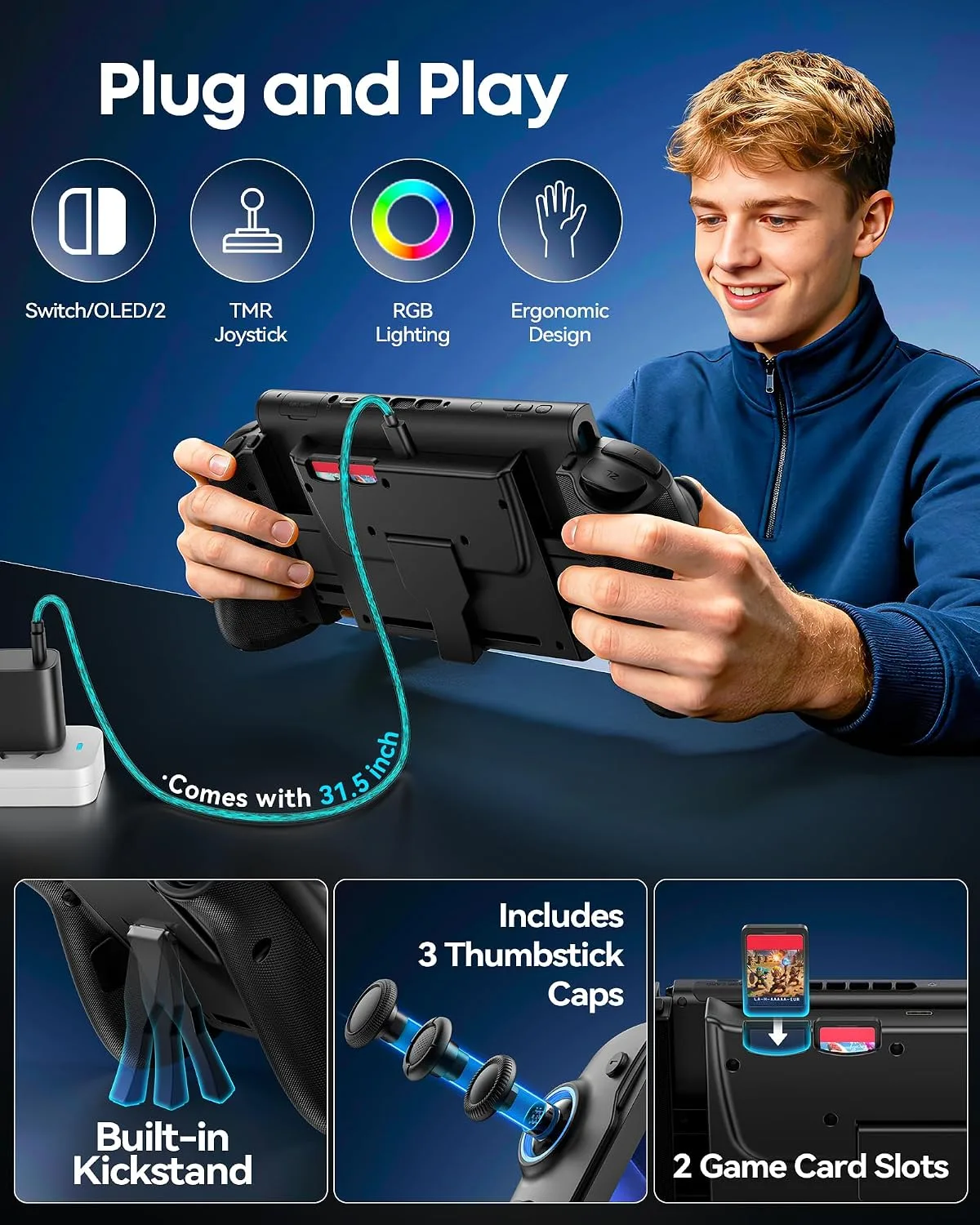 OIVO Switch 1/2 Controller for Original/OLED/Switch 2 Games Console, Stretchable Switch Handheld Joypad Ergonomic Grip for NS Pro Controller with RGB Lighting, TMR Joystick, Turbo, 4 Macro- Black