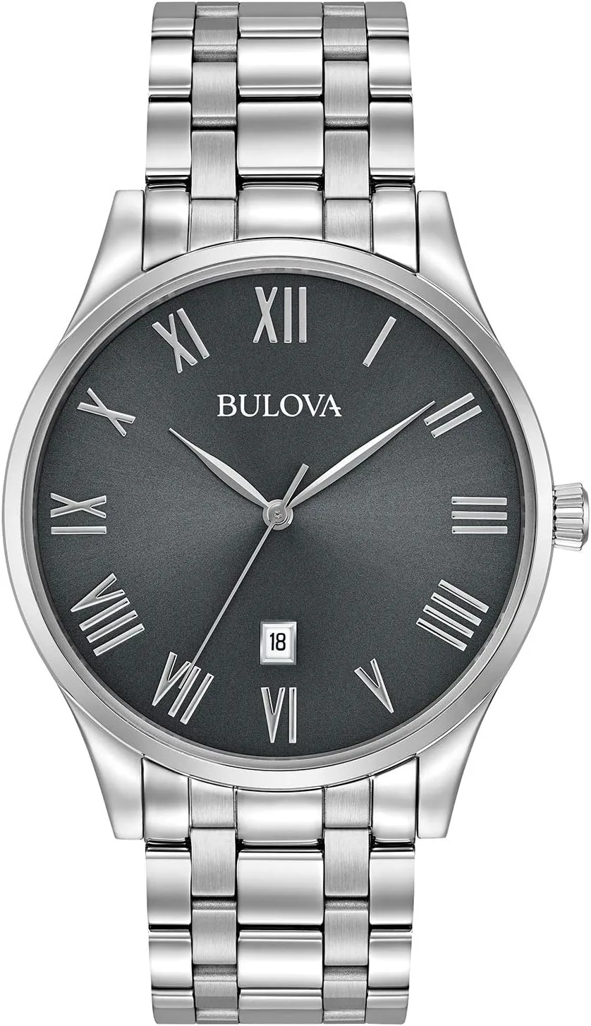 Bulova Men's Classic Stainless Steel 3-Hand Date Calendar Quartz Watch, Grey Dial with Roman Numeral Markers Style: 96B261