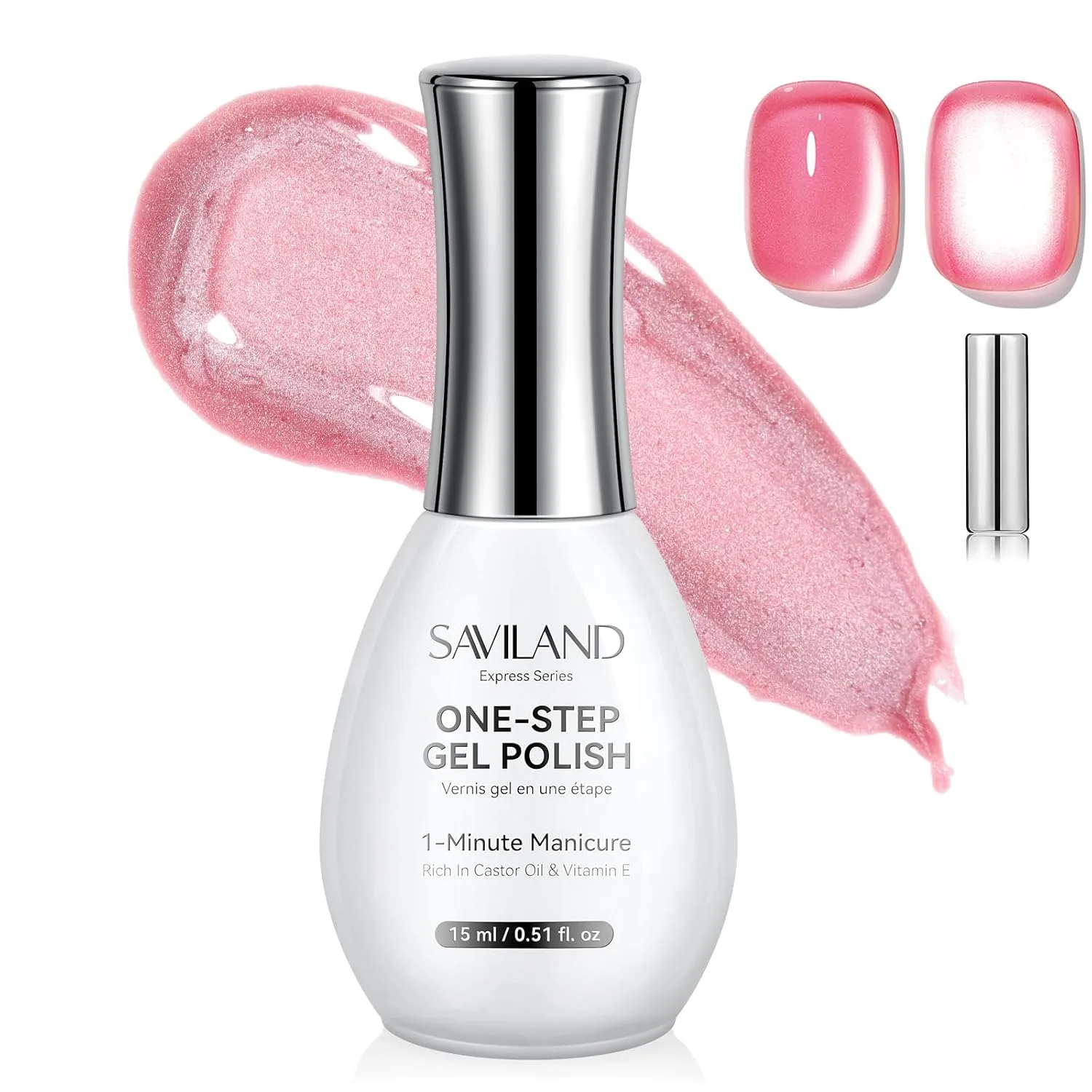 SAVILAND Glazed Nails One-Step Gel Nail Polish: Cat Eye Nail Polish Art Pen 15 ML 5-in-1 Rosy Pink 0.5oz One-Min Manicure Quick & Easy Create Naturally Curved Manicure Magnetic Polish Home Manicure