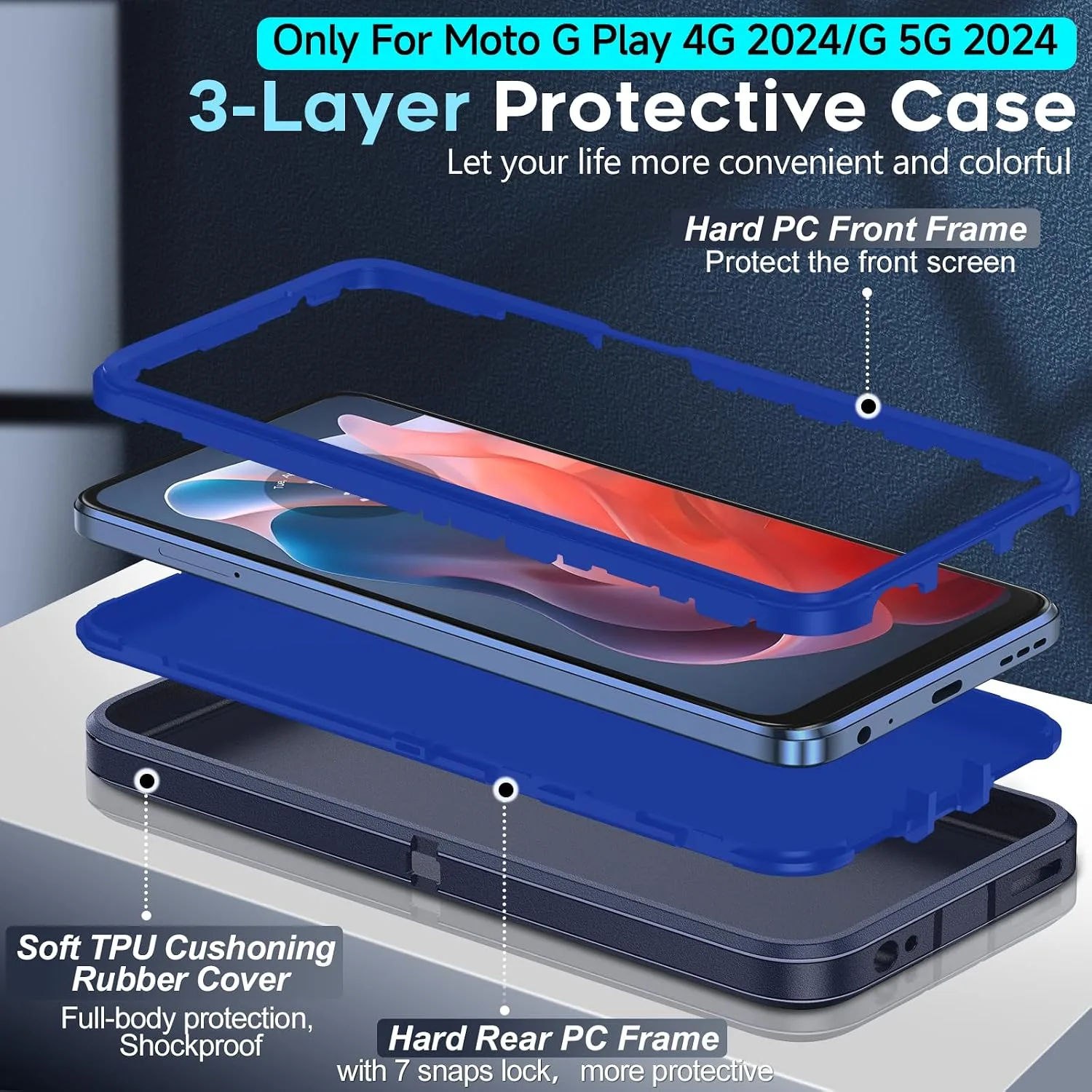 LeYi for Moto-G-5G-2024 Phone Case: 𝗡𝗼𝘁 𝗣𝗹𝗮𝘆, Rugged 3 in 1, Blue