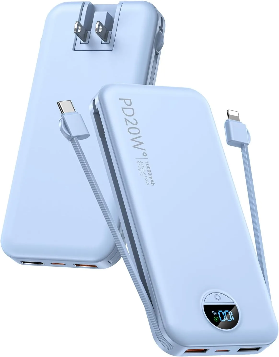 citicr Portable Charger 10000mAh PD20W w/Built-in Cables & Wall Plug Blue