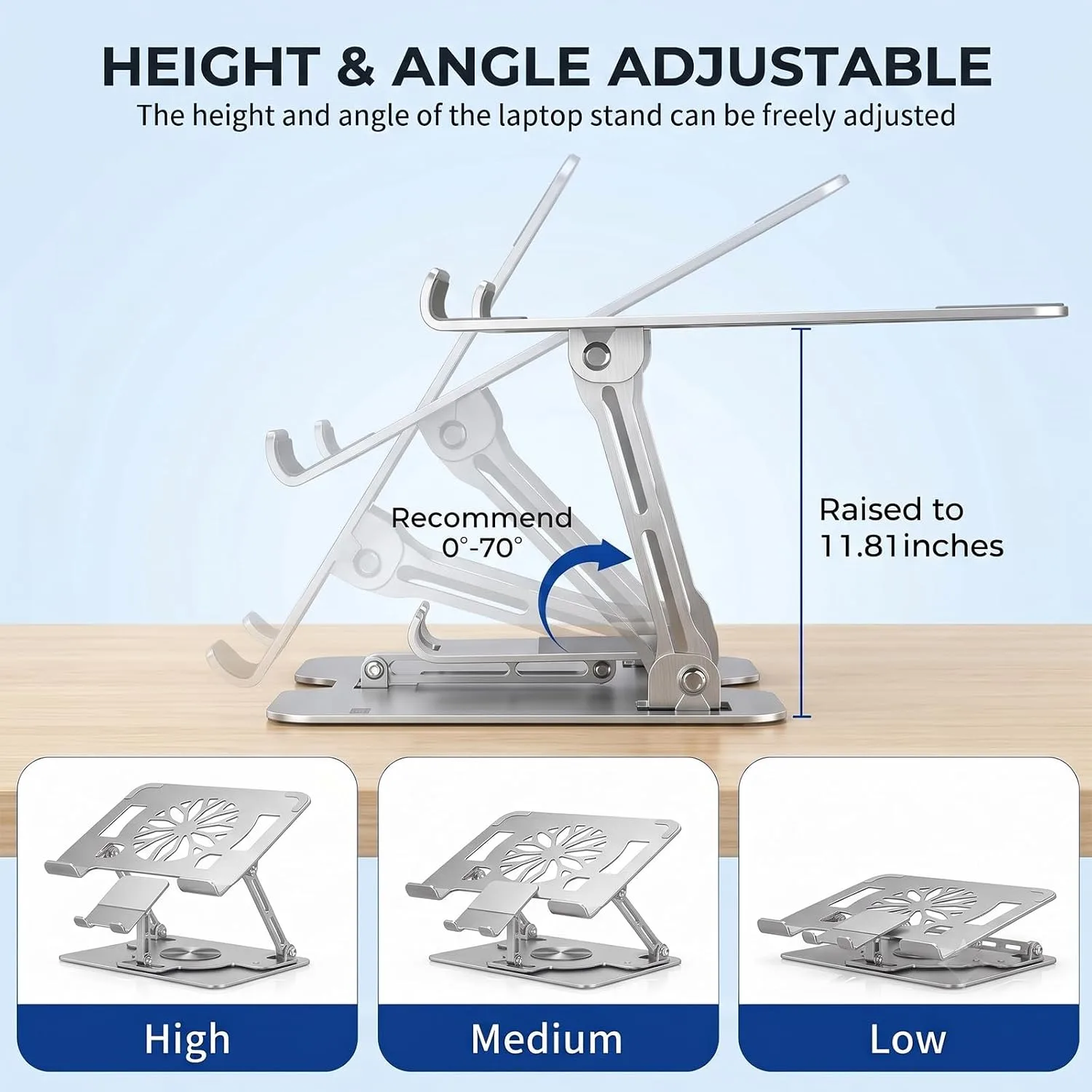 Adjustable 360°Rotating Laptop Stand, 2-in-1 Ergonomic Carbon Steel Laptop Riser with Detachable Phone Holder, Hollow Cooling Notebook Stand Fits 12.9-18 Inch Laptops (Silver)
