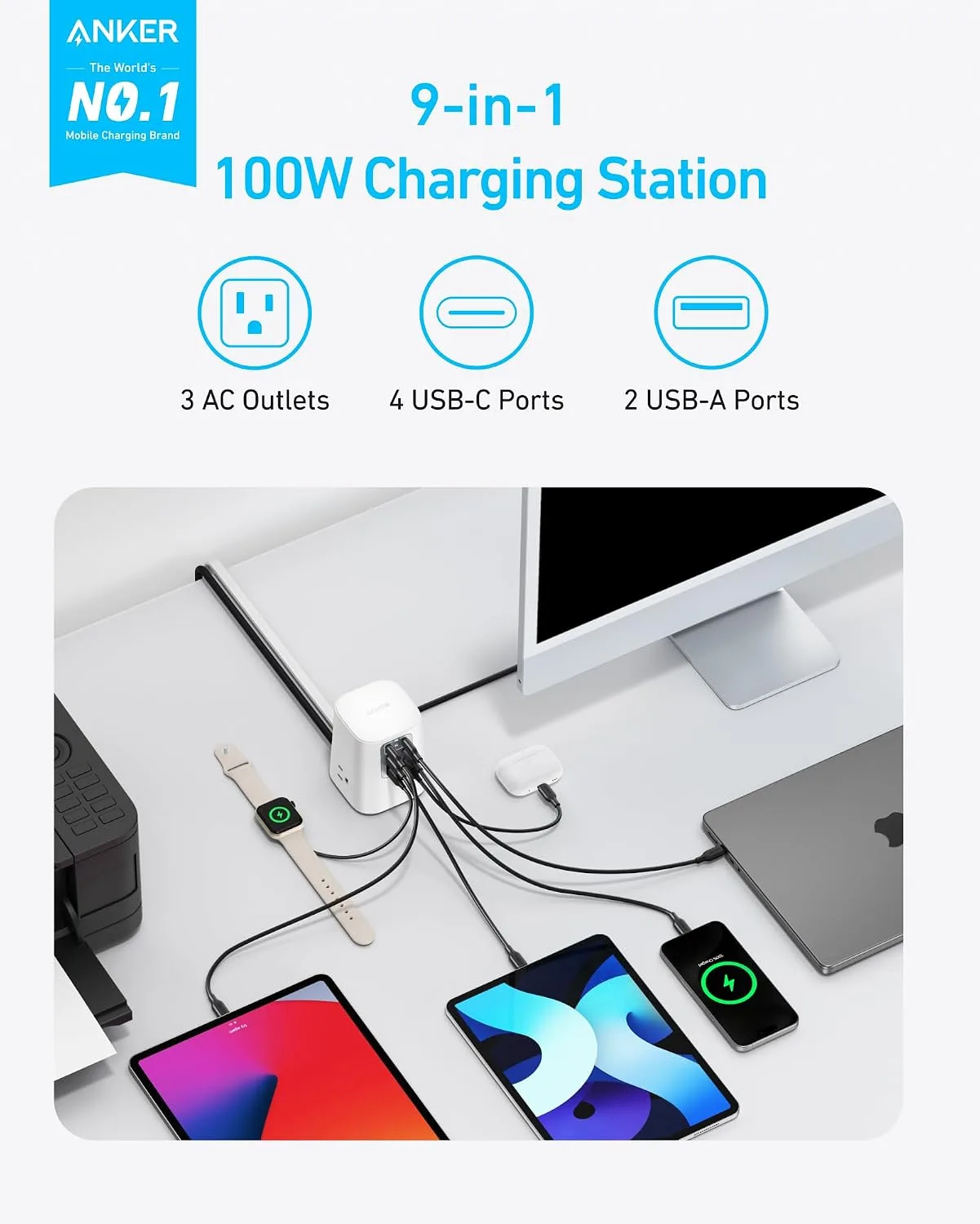 Anker Desktop Charger, 9-in-1 Power Strip, USB C Charger with 3 AC, 100W