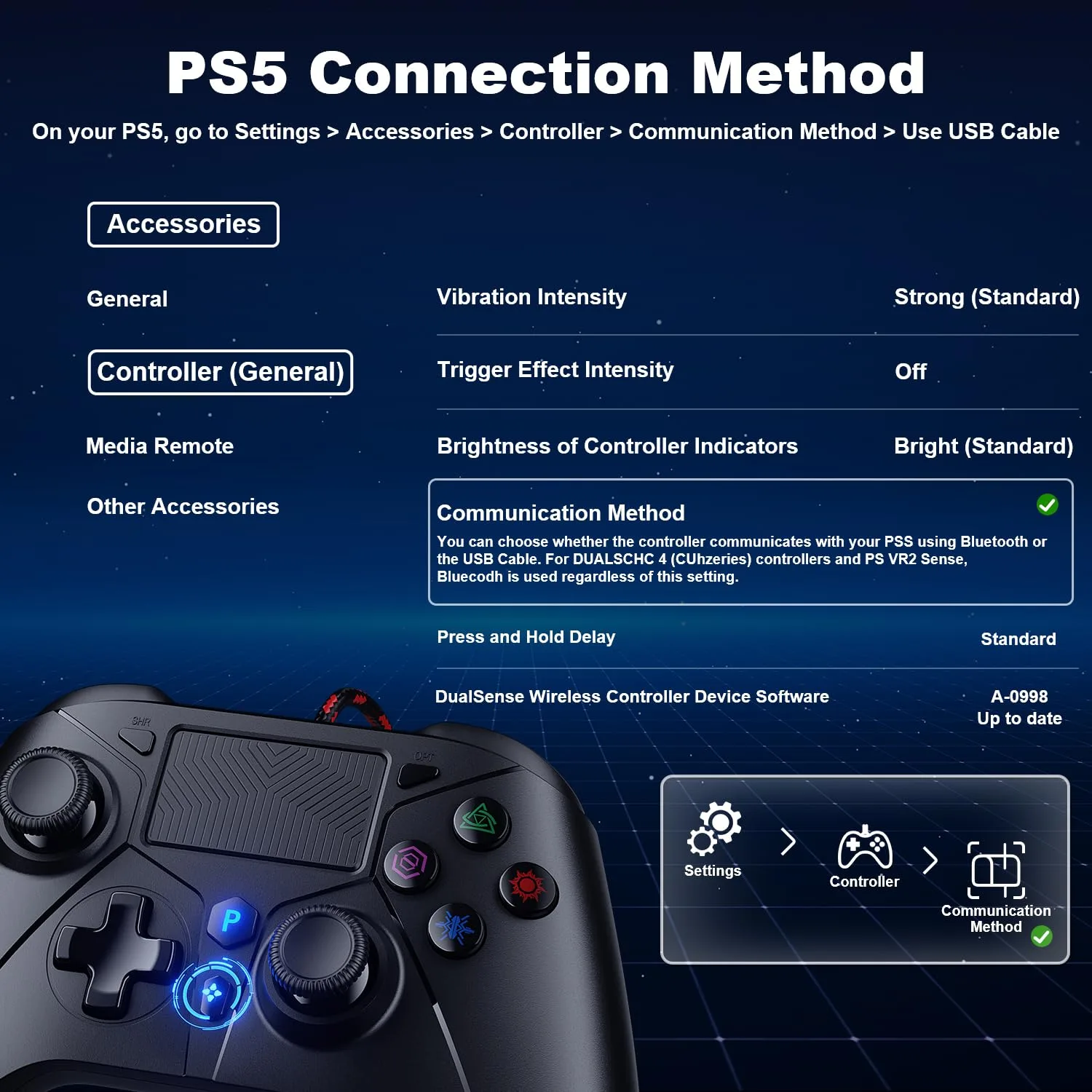 Gamrombo Wired Controller for PS5 Controller, Gaming Controllers for PlayStation 5 / PS5, PS4, PC, Support Turbo, Marco, 3.5mm Audio Jack - Black