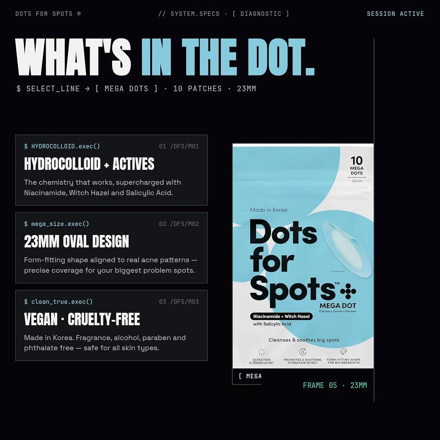 Dots for Spots Large Pimple Patches for Body, Chin, Cheek or Forehead - Includes Active Ingredients Niacinamide, Witch Hazel & Salicylic Acid for Maximum Effectiveness - Reduces Redness (10 patches)