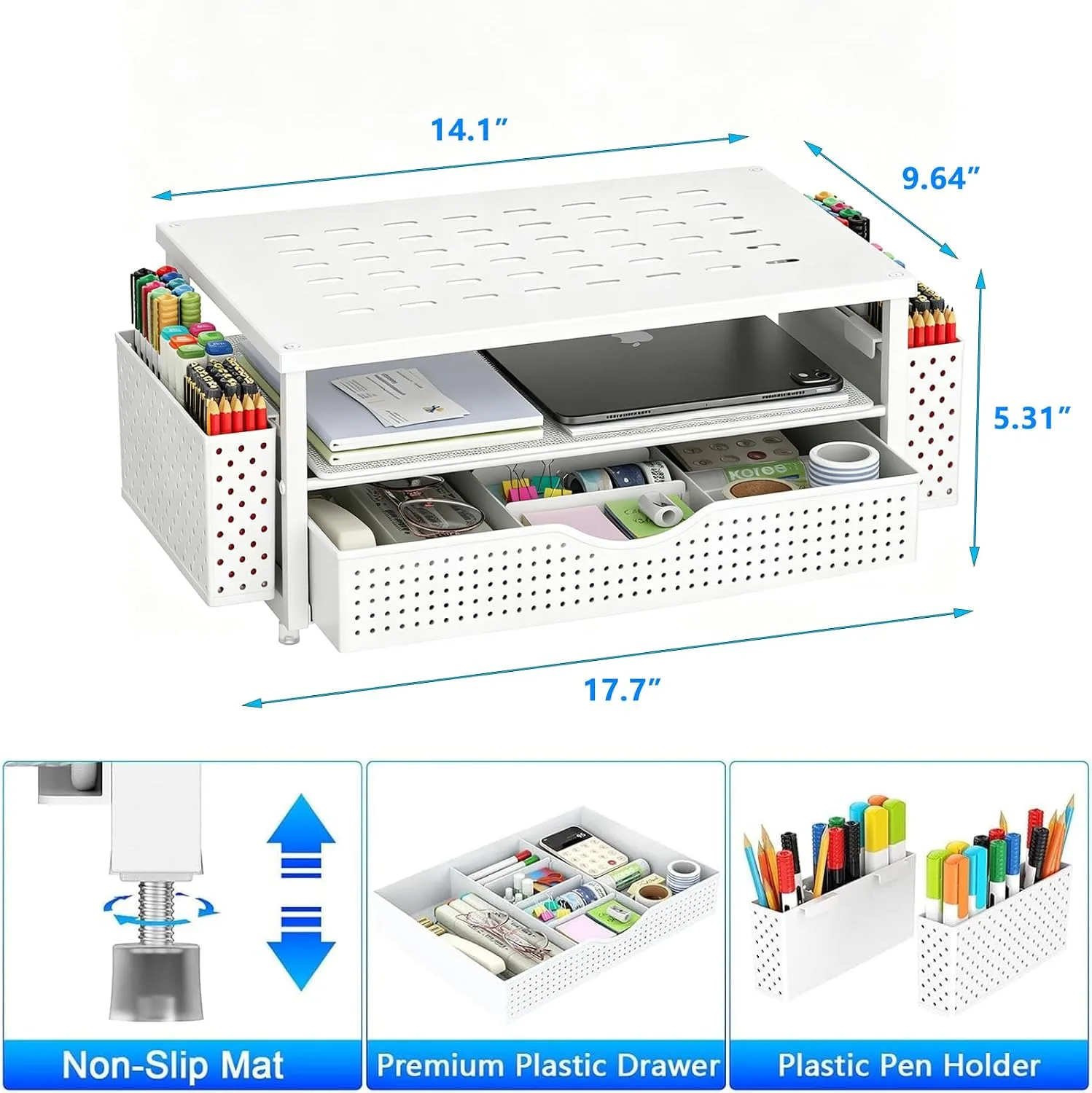 gianotter Monitor Stand with Drawer and 2 Pen Holders (White)