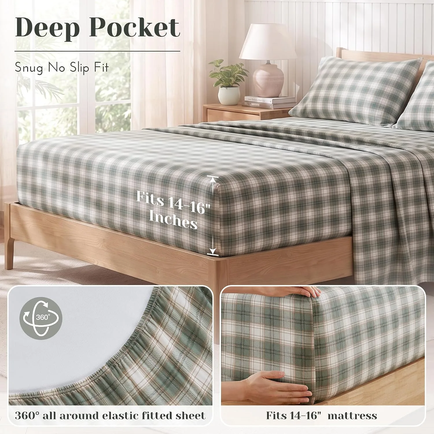 Comfort Spaces 100% Cotton Percale Sheets Queen Size 4 Piece, Wesley Green