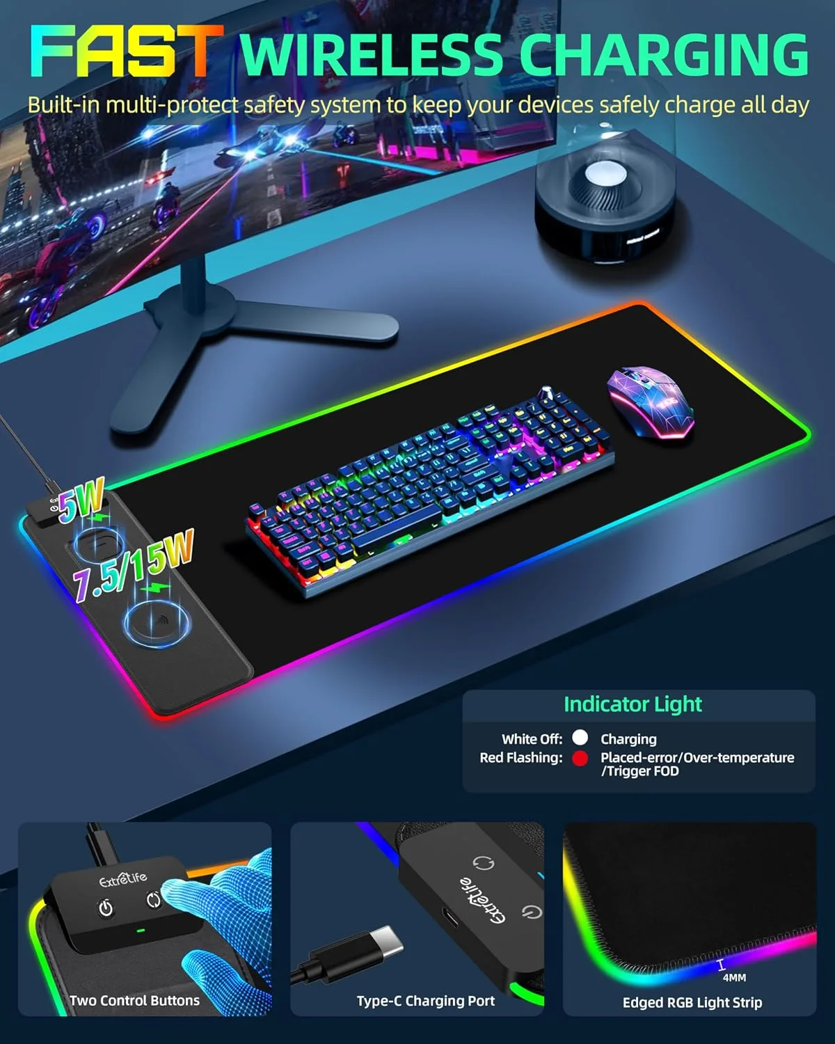 Wireless Charging Mouse Pad, RGB Gaming Mousepad, 31.5"x11.8"