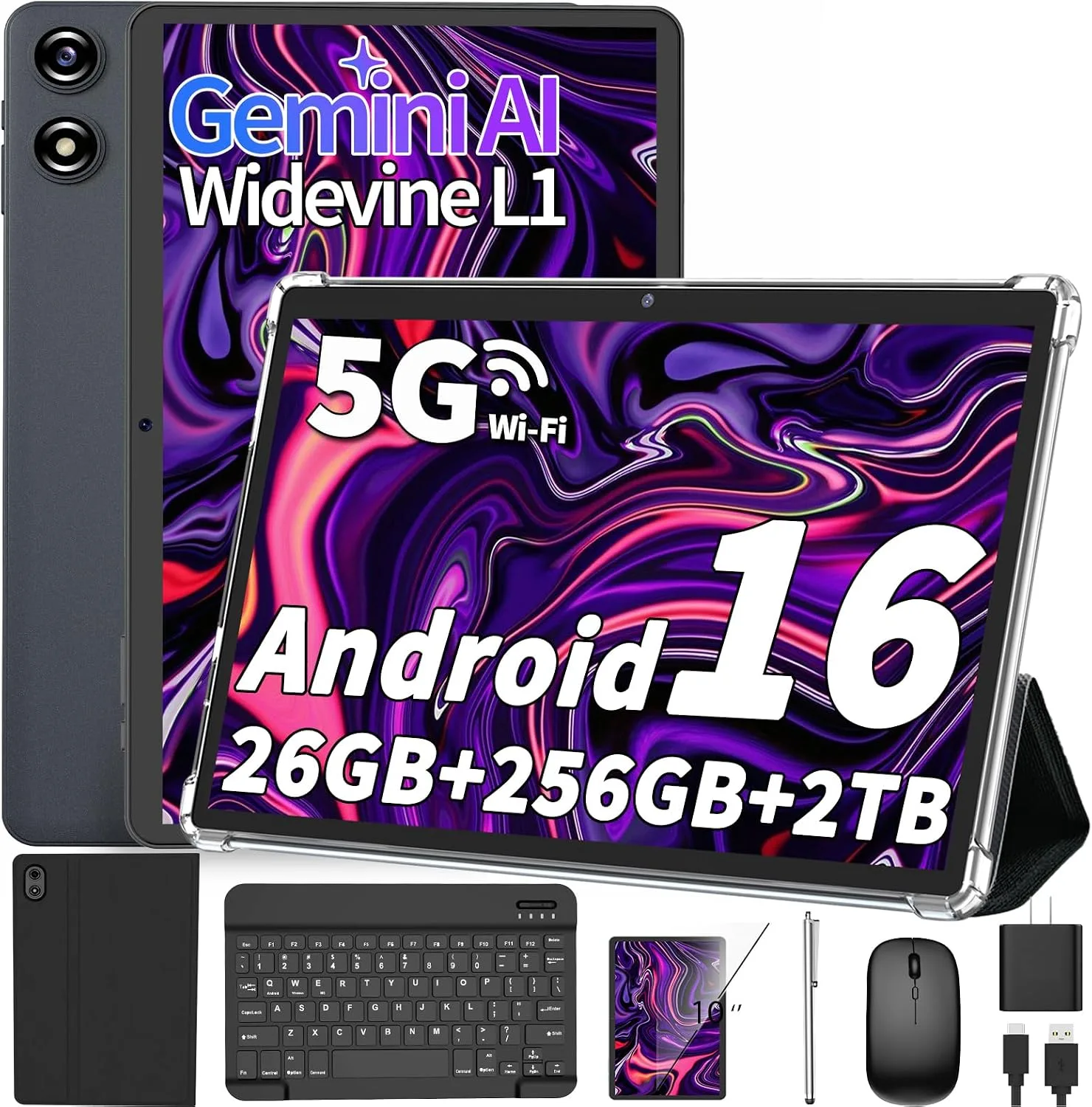 2026 Android 16 Tablet with Keyboard - 10 inch Electronics Tablet (Black)