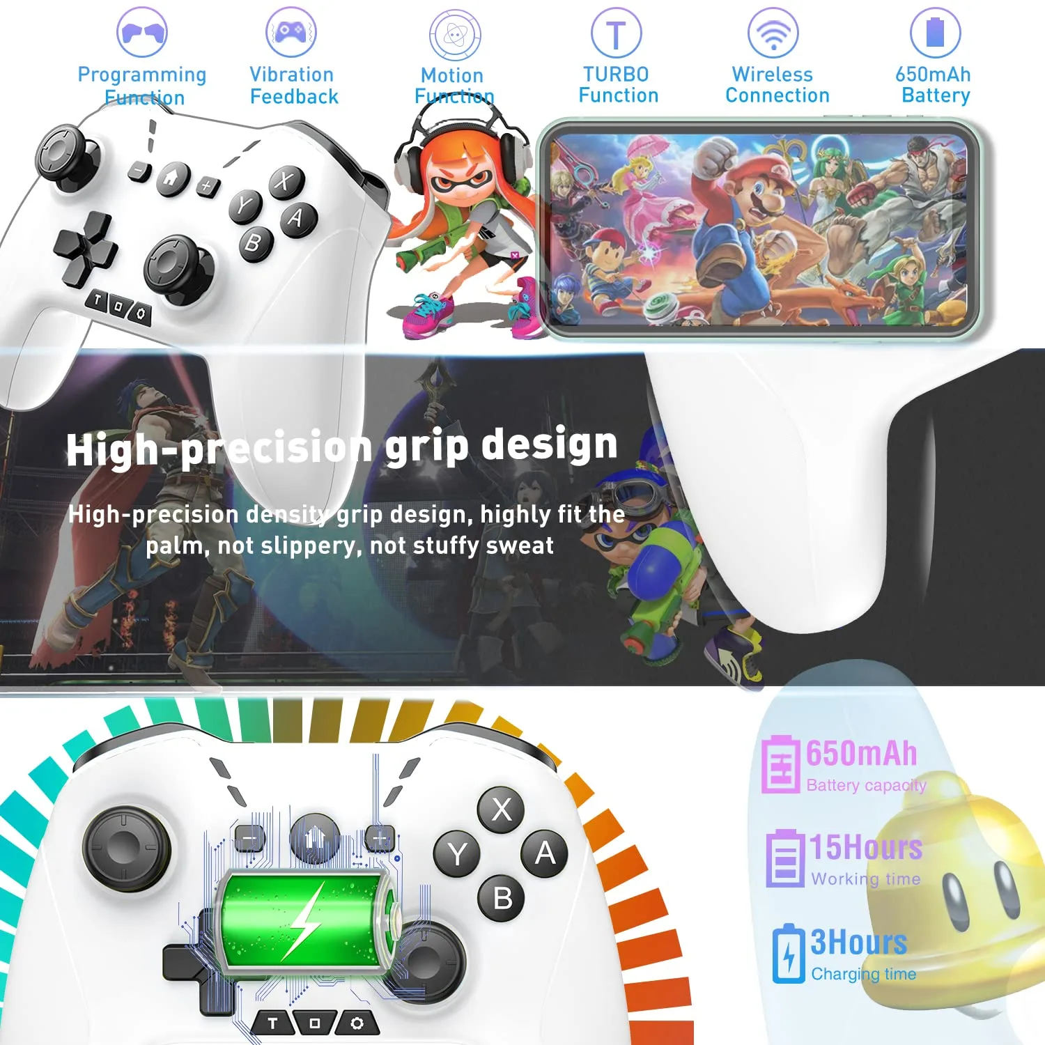 Bluetooth Controller for Switch/Mac/PC/Steam/Mobile Phone/iOS/Android//TV/iPad/Table/Apple Arcade MFi Games, switch pro controller wireless with Adjustable Dual Motion,Turbo,Macros,6-Axis,Wake Up for Black Myth: Wukong (Black) (Purple) (White Black with clip)