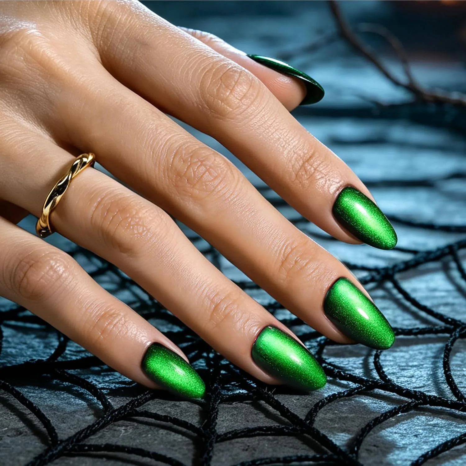 Beetles Halloween Press On Nails, Green Cat Eye Short Almond, 32 Pieces
