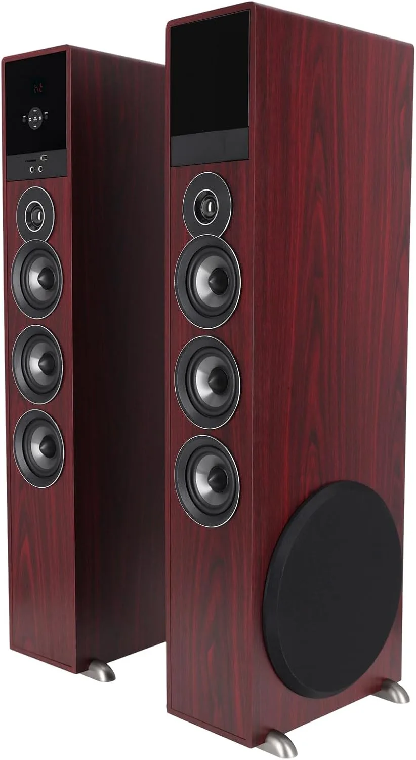 Rockville TM150C Cherry Powered Home Theater Tower Speakers Dual 10" Subs