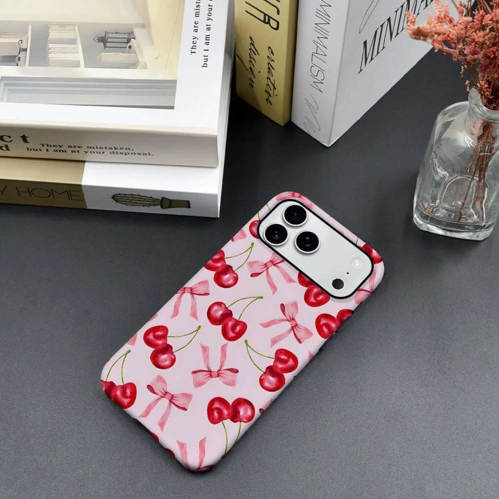Case Compatible with iPhone 18 Pro Max/iPhone 17 Pro Max,Fall Prevention Hybrid 2-Layer Hard Shell Phone Cover for Girls Boys,Pink Bow Cherry Ribbon Fruit