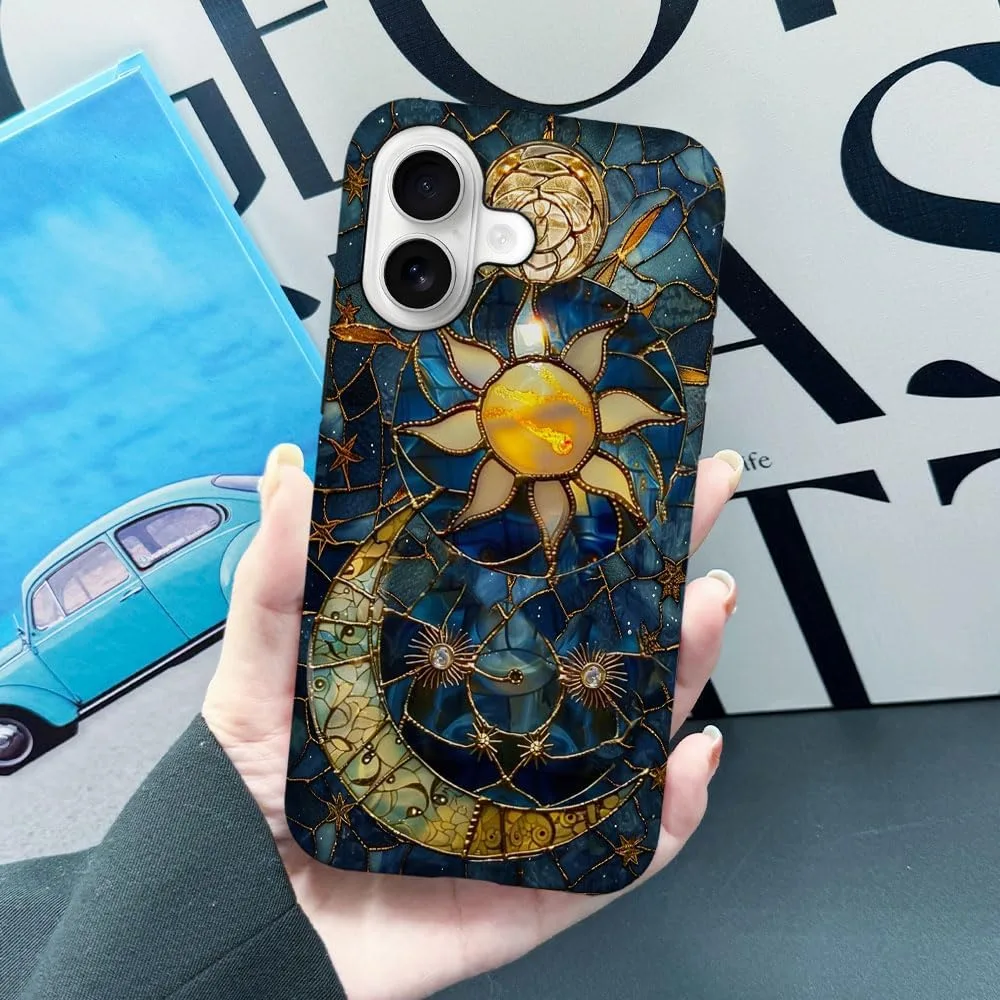 Case Compatible with iPhone 17,Fall Prevention Hybrid 2-Layer Hard Shell Phone Cover for Girls Boys,Sun Moon Celestial Glass