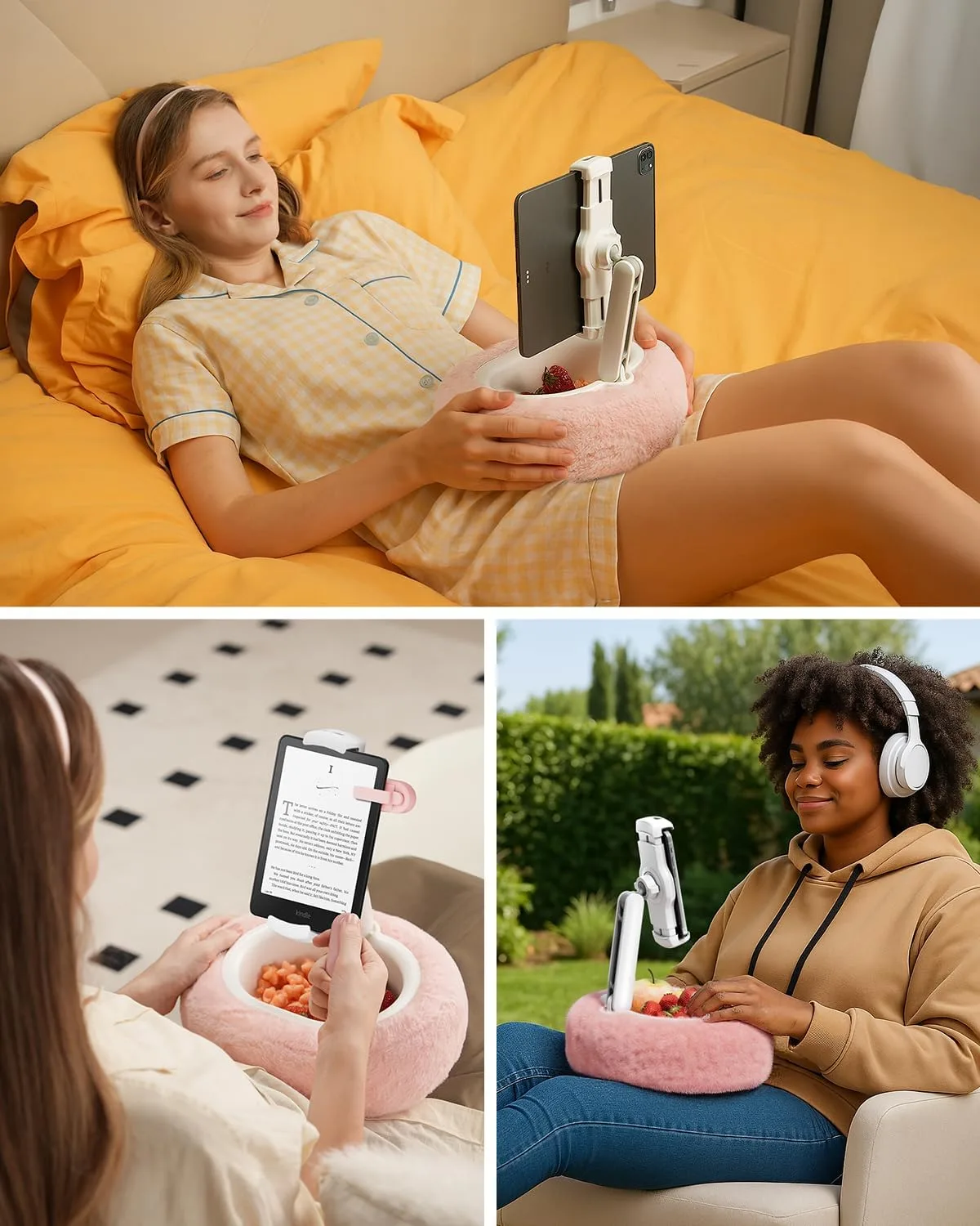 Viozon Tablet Pillow Stand,Kindle Pillow Stand, Compatible with 4-11" Tablet/Phone with Small Bowl, Kindle Holder Accessories,Idea for Reading and Video Watching On Bed,Pink