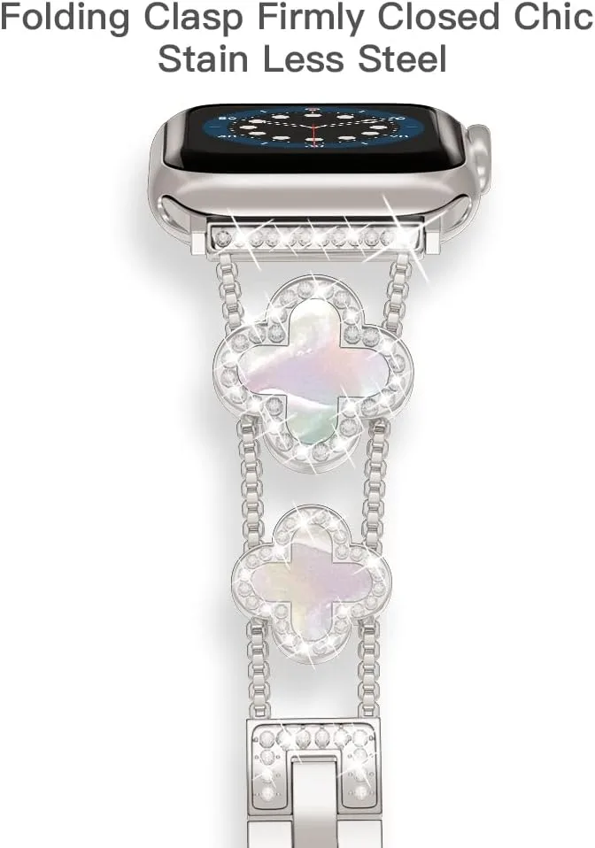 Musk-MSKR Diamond Metal Bands Add Sparkle to Your Watch For Apple Watch Series 12/11/10/9/8/7/6/5/4/3/2/SE/Ultra Clover Simple and Stylish Compatible with 38mm40mm41mm42mm44mm45mm 46mm49mm Women's Wear