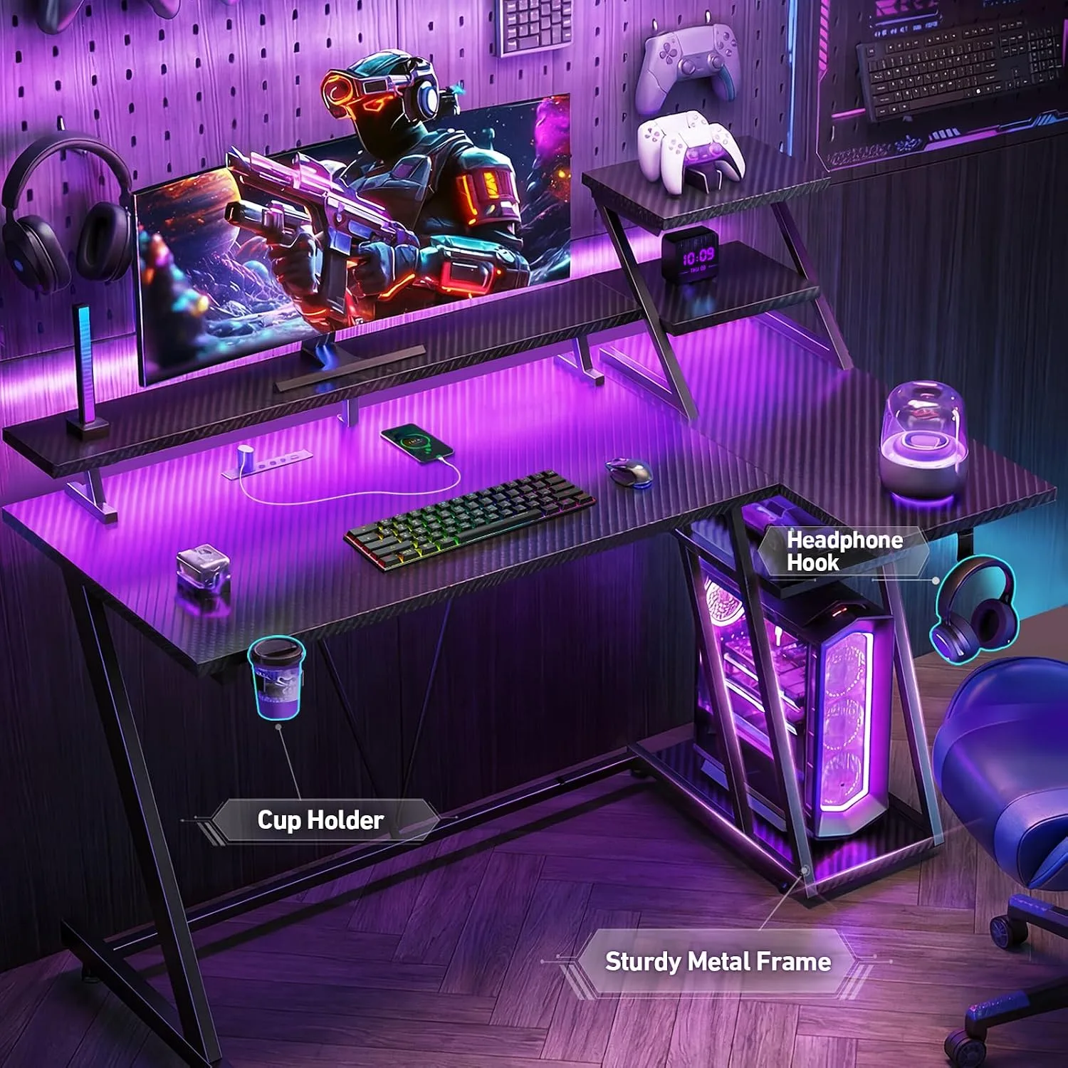 Korfile 40 Inch Gaming Desk with LED & Power Outlet, Carbon Fiber Black