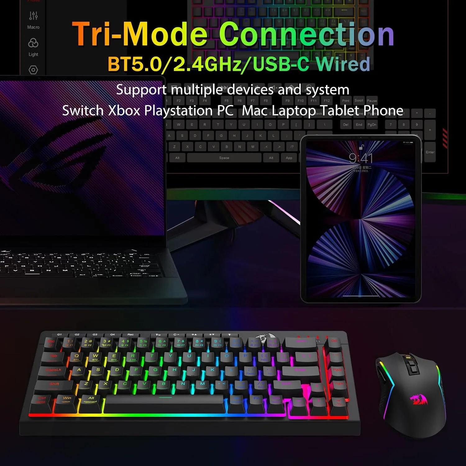 Redragon Wireless Gaming Keyboard, RGB Backlit, Portable 60% Design, Black