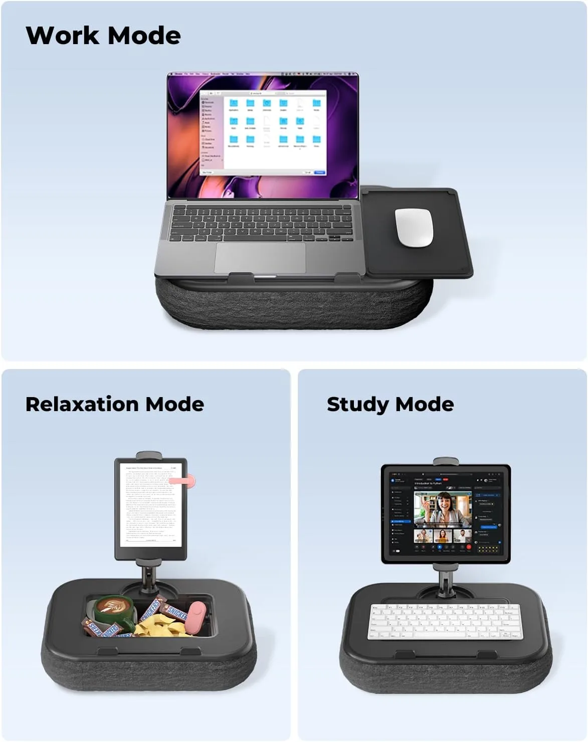 Viozon Kindle Pillow Stand Holder, Phone holder for Bed, Laptop Lap Desk with Mouse Pad,Compatible with 4.7-13" Kindle/Tablet/Phone,10-15"Laptop, Snack Bowl&Cup Attachment&Detachable 360°Stand Arm, B